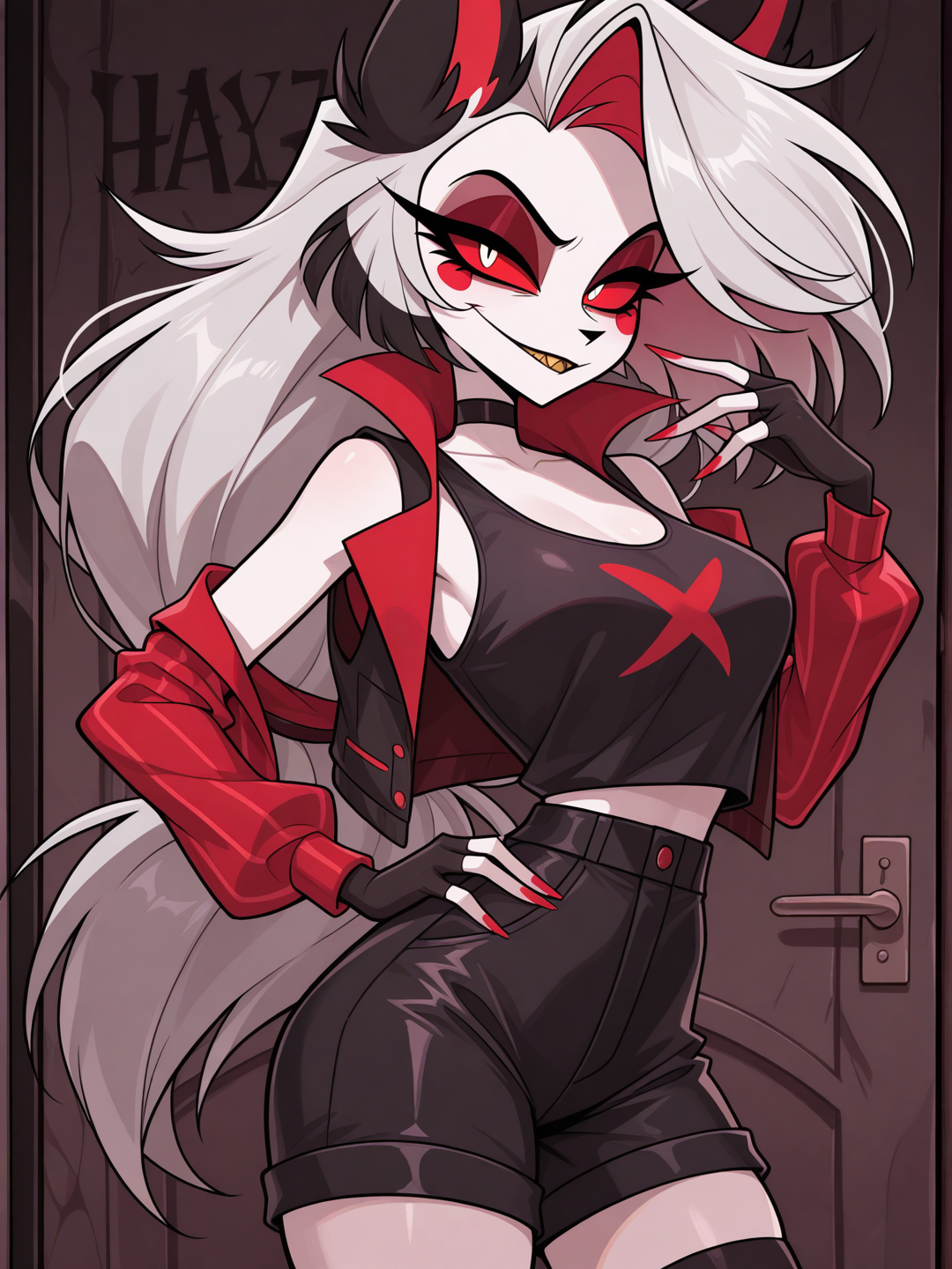 [hellaverse-style], mature, teenager, tall, slim, black choker and a stoic face style and a short black shorts and a black tanktop and a dark grey sleeveless vest jacket and short black fingerless gloves and a hellhound named loona and helluva boss background