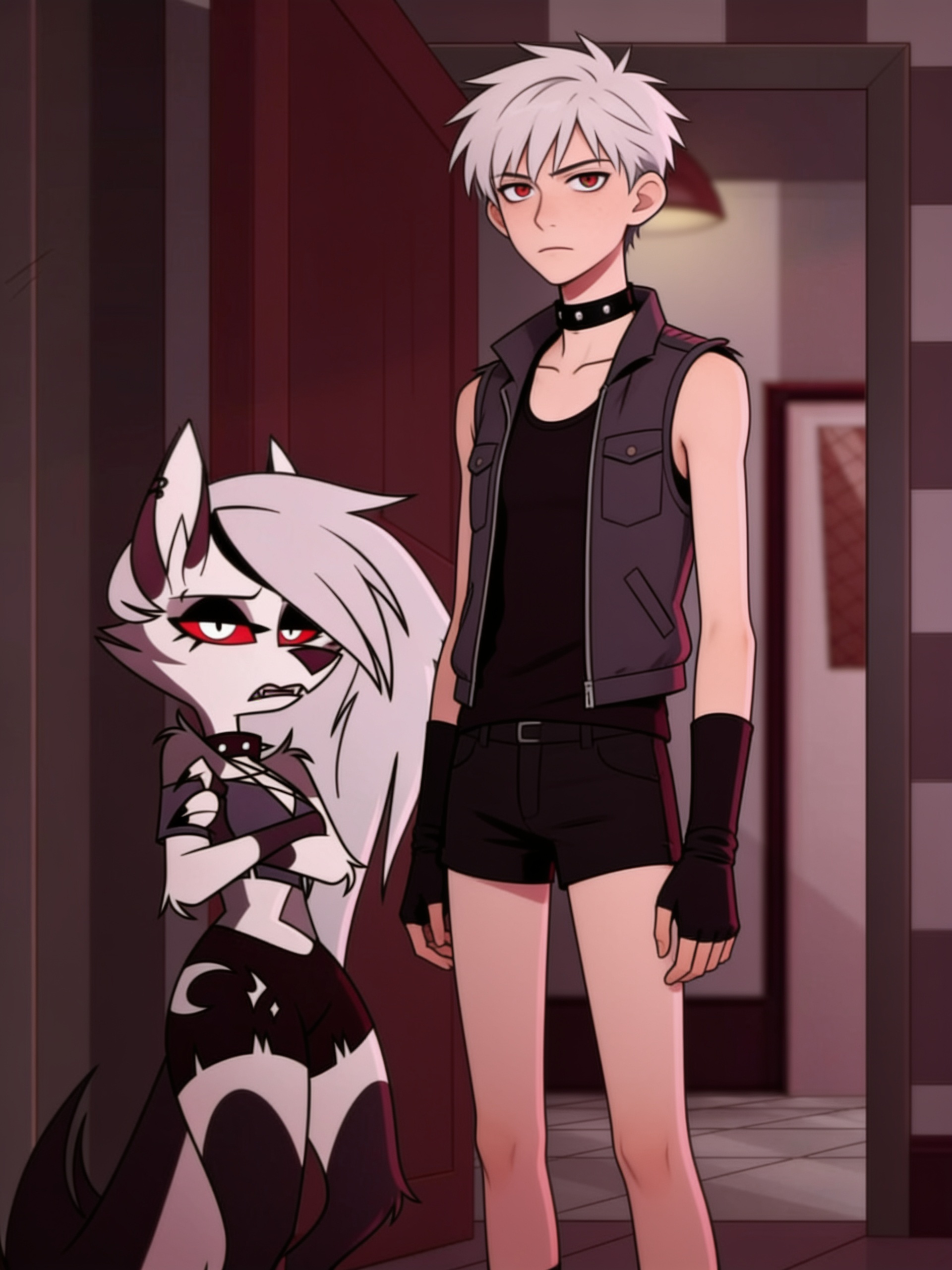 mature, teenager, tall, slim, black choker and a stoic face style and a short black shorts and a black tanktop and a dark grey sleeveless vest jacket and short black fingerless gloves and a hellhound named loona and helluva boss background