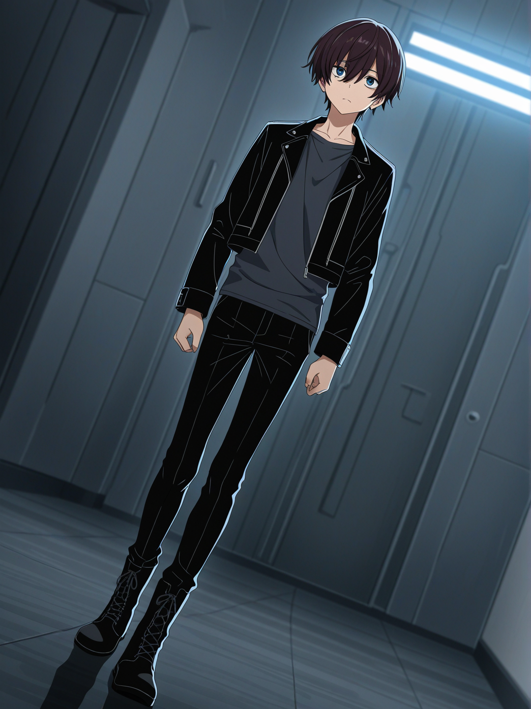 [bold-anime-screencap-style], is a 18 year old male that has dark brown hair that looks like anime emo boy hairstyle & has dark blue eyes & is wearing a dark grey thin long sleeve shirt & skinny black pants & long black boots without heels & a black jacket & a stoic face