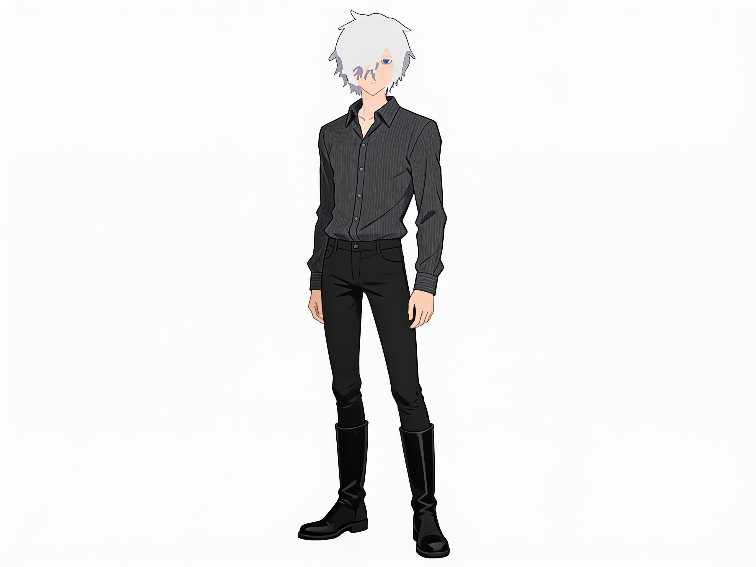 [bold-anime-screencap-style]1boy, stoic, mature, tall, slim, dark grey shirt, long sleeves, button-up shirt, thin fabric, black pants, skinny pants, black boots, tall boots, no heels, no laces, single character, full body, looking at viewer, anime style, simple background, white background, anime style