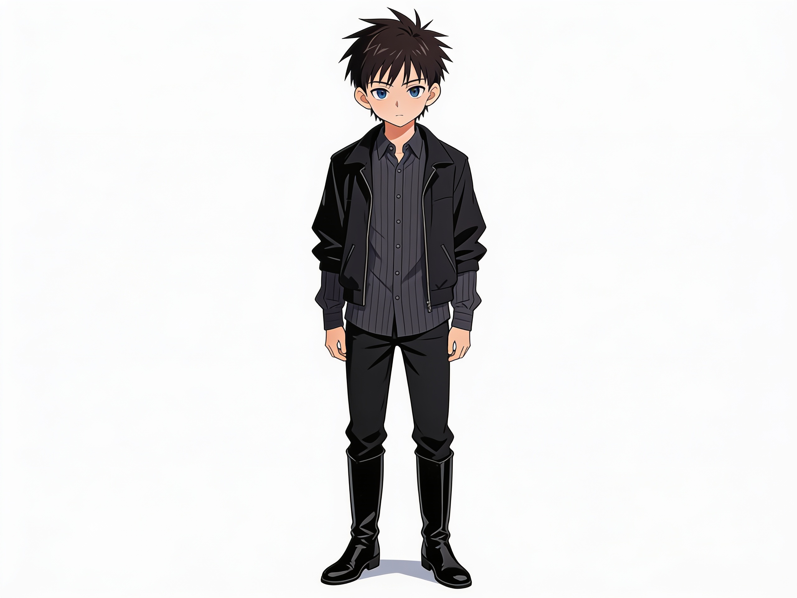 [pop-anime-style]1boy, 18 years old, dark brown hair, emo hair, dark blue eyes, stoic expression, dark grey thin button-up shirt, long sleeves, black pants, black jacket, long black boots, no heels, single character, full body, looking at viewer, anime style, simple background, white background, anime style