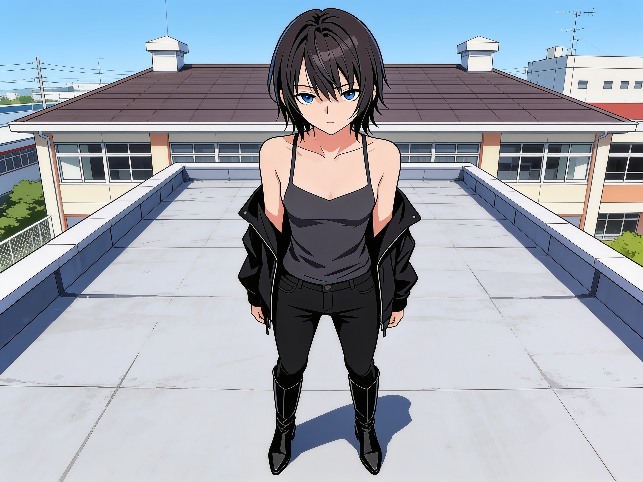[pop-anime-style]1girl, yukina, dark_grey_tanktop, black_pants, long_black_boots, no_heels, black_jacket, stoic_expression, standing, japanese_school_roof, single character, full body, looking at viewer, anime style, simple background, anime style
