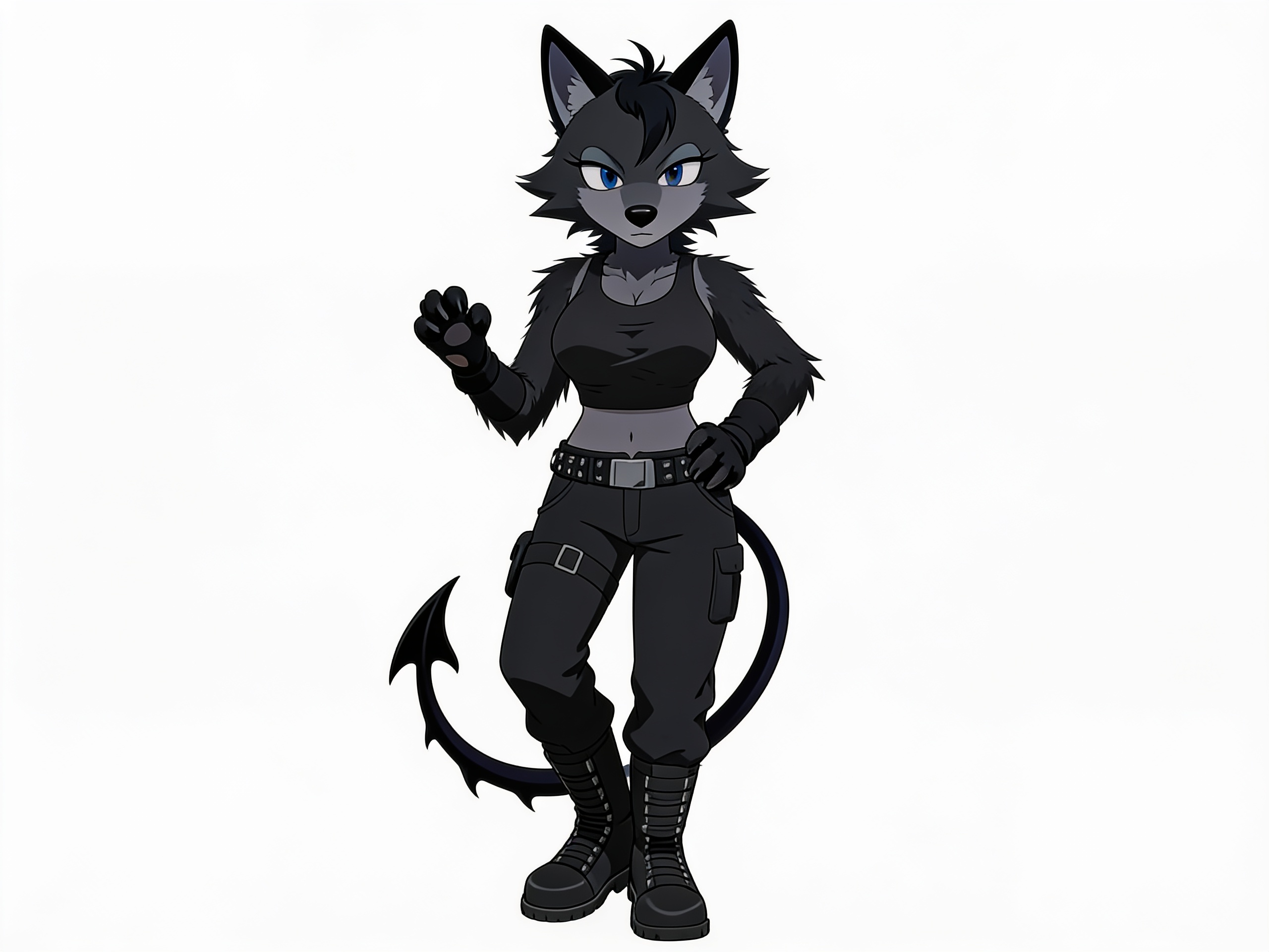 1girl, sonic_the_hedgehog, original character, anthro wolf, wolf face, dark gray face, black wolf nose, black wolf ears, dark gray inner ears, dark blue eyes, black hair tuft, dark gray stomach, black wolf fur arms, black paw hands, black demon tail, black tank top, black pants, black boots, black fingerless gloves, stoic, emo, single character, full body, looking at viewer, anime style, simple background, white background, anime style