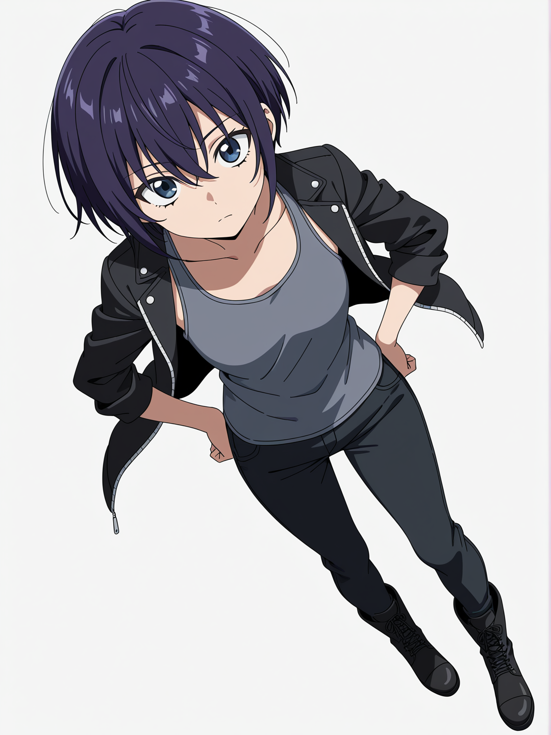 [bold-anime-screencap-style]1girl, teen, tall, slim, dark purple hair, short hair, emo hair, dark blue eyes, stoic expression, dark grey tank top, black jacket, black pants, long black boots, flat boots, single character, full body, looking at viewer, anime style, simple background, white background