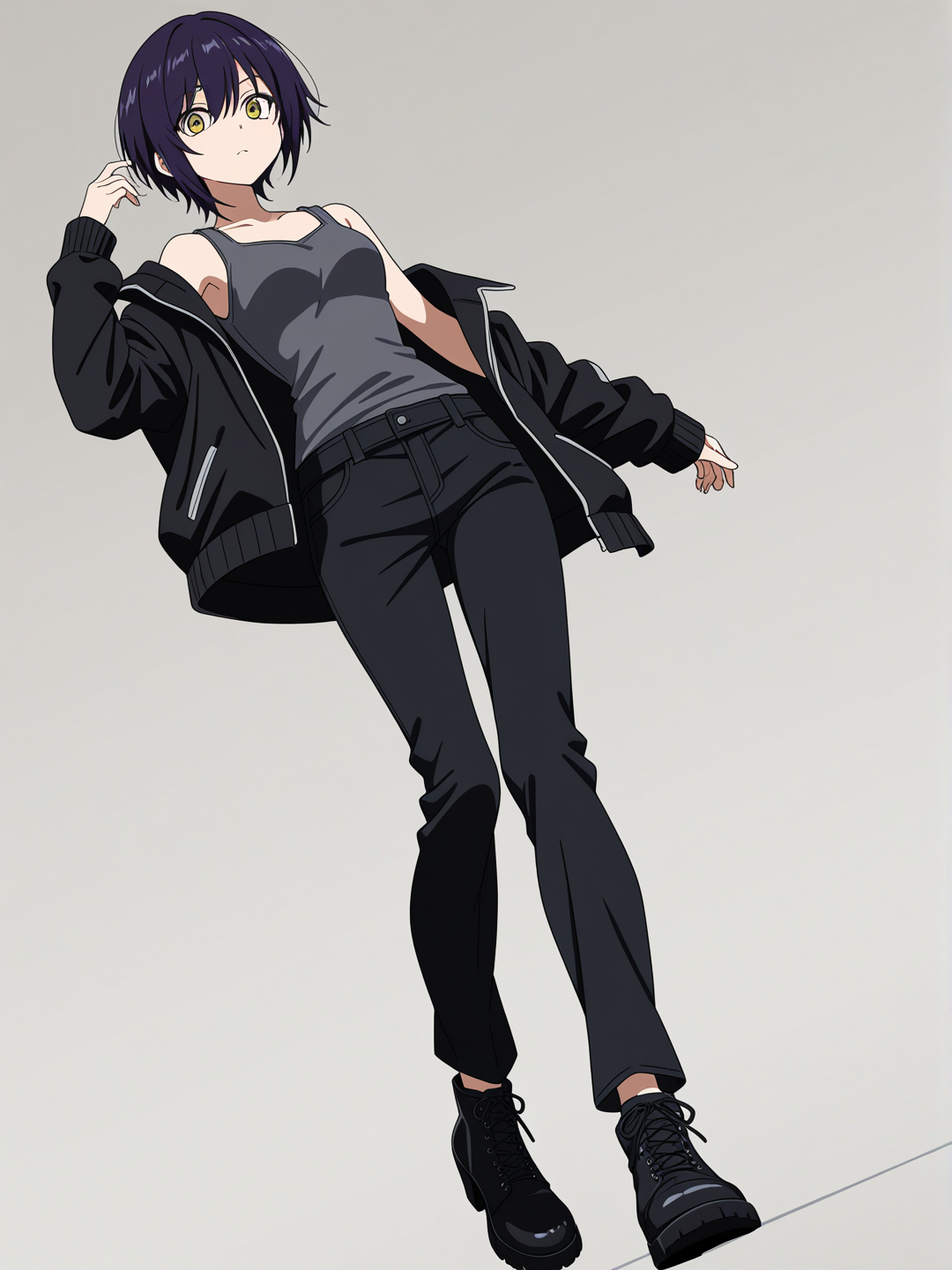 [bold-anime-screencap-style]1girl, dark purple hair, short hair, emo hairstyle, dark yellow eyes, stoic expression, dark grey tanktop, black jacket, black pants, long black boots, no heels, slim, tall, single character, full body, looking at viewer, anime style, simple background, white background