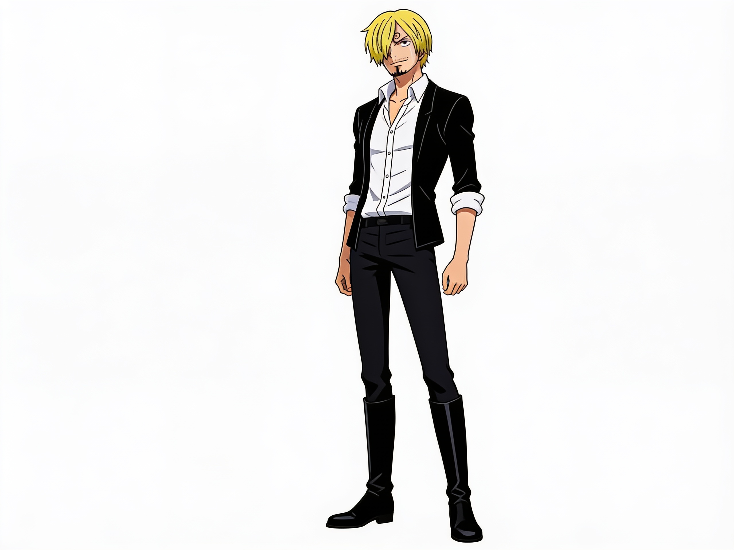 1boy, Sanji, One Piece, white thin button shirt, long sleeves, black thin jacket, long black boots, no heels, smirk, mature, slim, tall, single character, full body, looking at viewer, anime style, simple background, white background, anime style