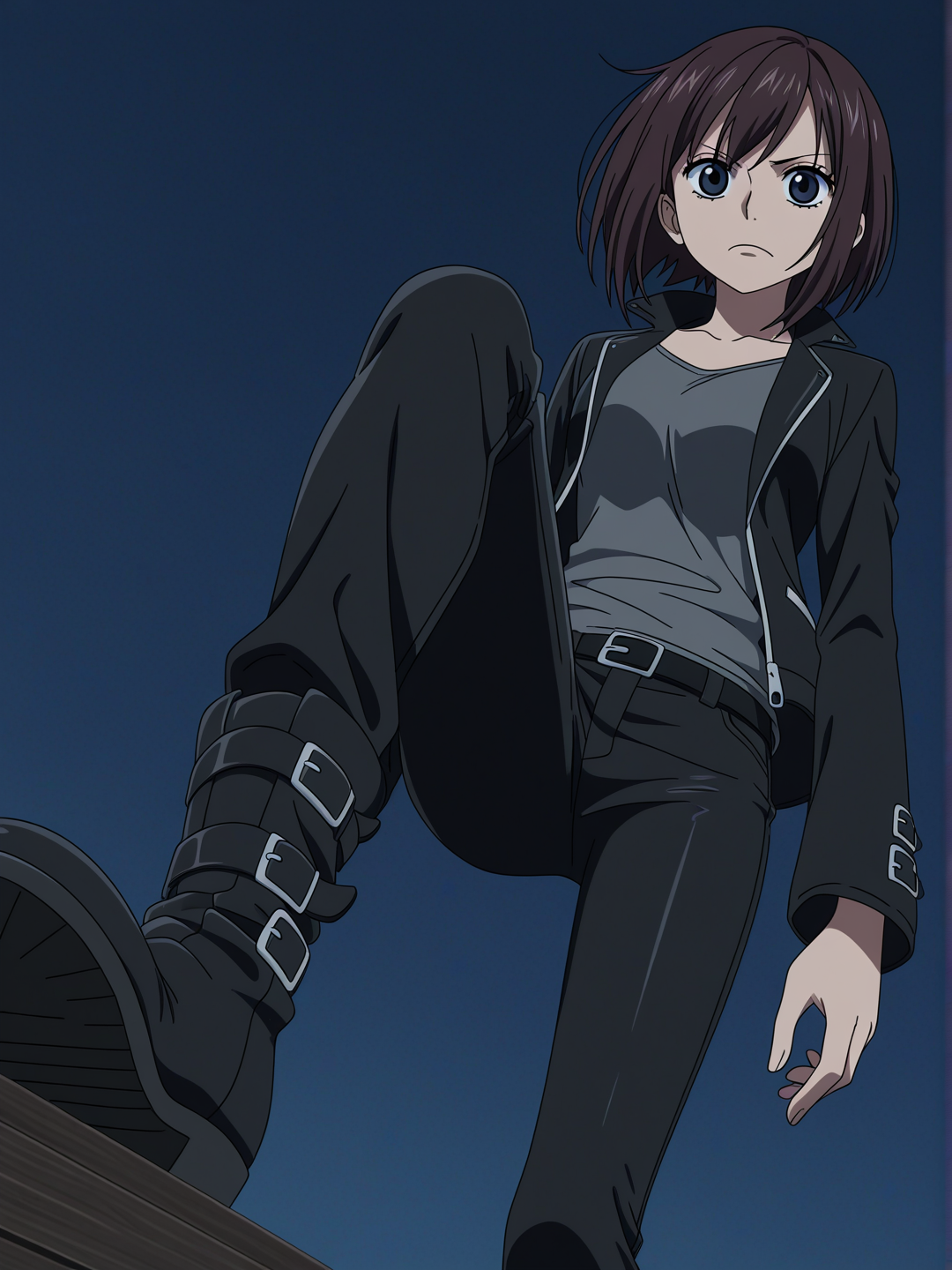 [bold-anime-screencap-style]1girl, 18_years_old, dark_brown_hair, emo_hairstyle, dark_blue_eyes, dark_grey_tanktop, black_pants, long_black_boots, no_heels, black_jacket, stoic_face, slim, tall, straw_hats_pirate_ship, night, one_piece_background, single character, full body, looking at viewer, anime style, simple background, white background