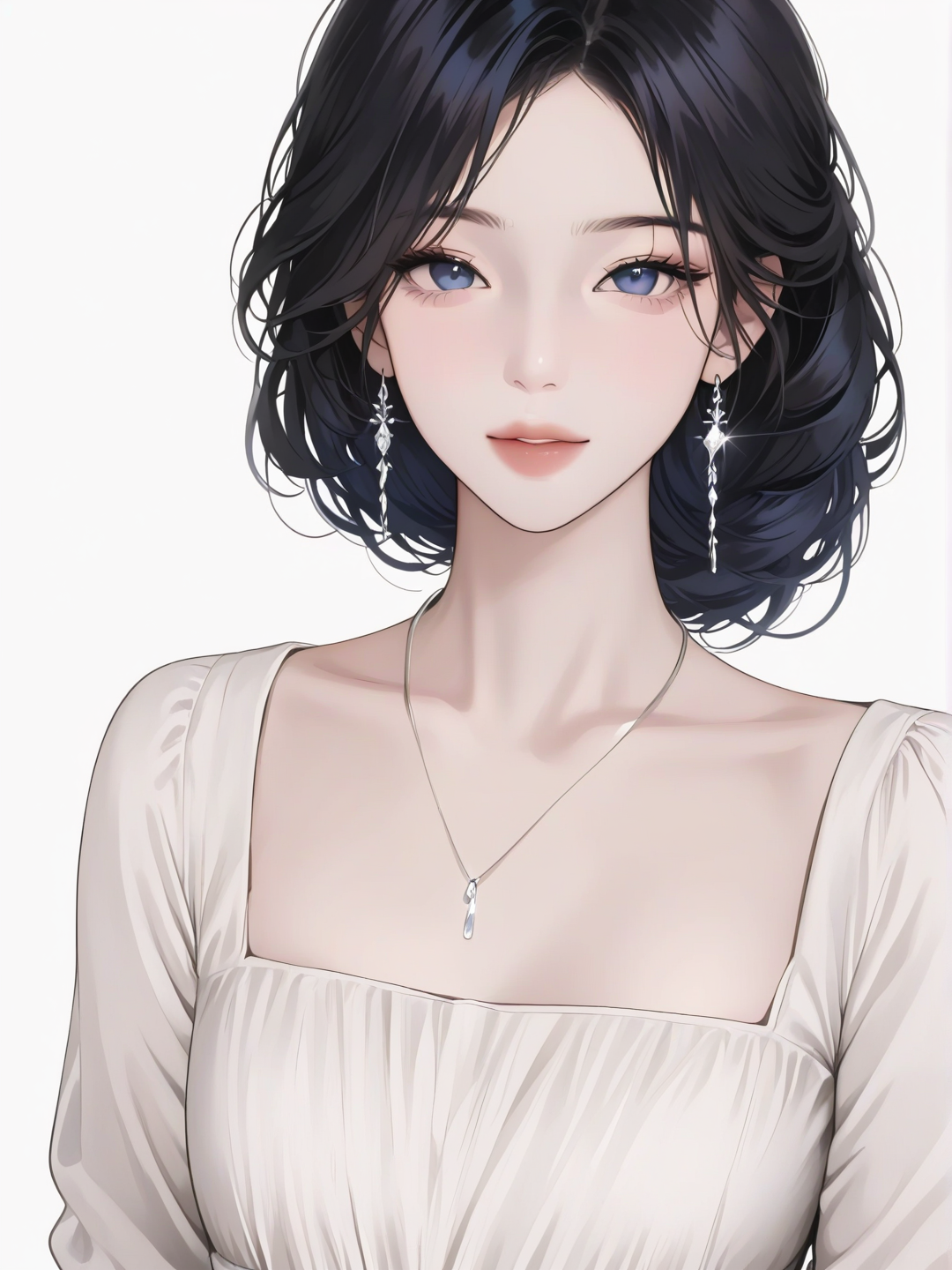 [luminous-k-portrait-style]1girl, mature, slim, black hair, blue eyes, fair skin, dress, earrings, necklace, single character, full body, looking at viewer, anime style, simple background, white background