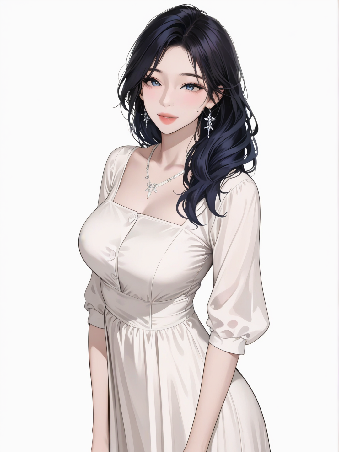 [luminous-k-portrait-style]1girl, mature, slim, black hair, blue eyes, fair skin, dress, earrings, necklace, single character, full body, looking at viewer, anime style, simple background, white background