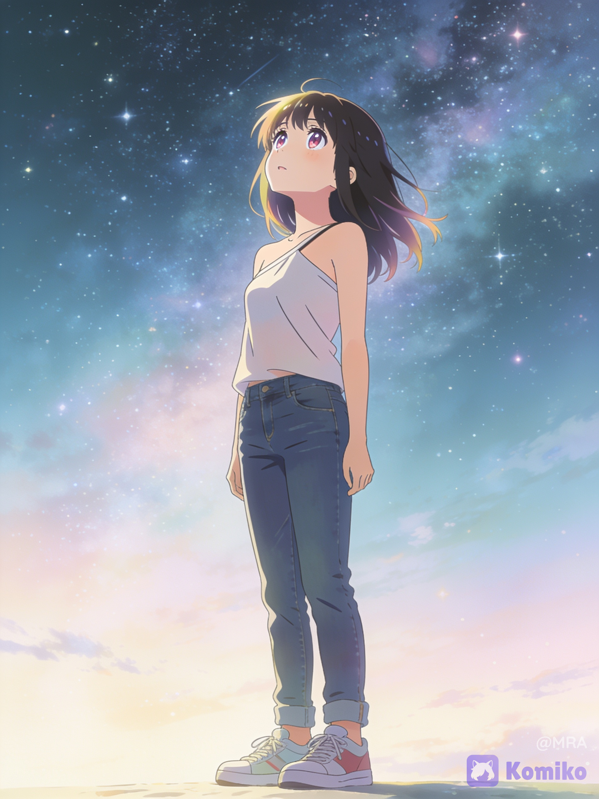modern Japanese anime style, soft cel-shaded digital illustration, moe slice-of-life character design, large expressive glossy eyes, clean lineart, soft gradient shading, hair highlights, youthful female character, casual modern outfit, light airy colors, Kyoto Animation / CoMix Wave Films inspired, anime key visual. Girl standing under the starry sky looking up at the sky. She is wearing one one shoulder top with jeans and sneakers.