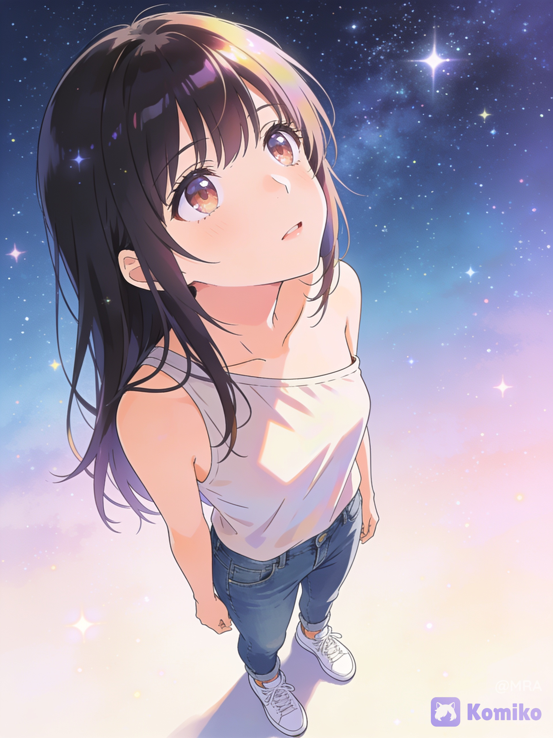 modern Japanese anime style, soft cel-shaded digital illustration, moe slice-of-life character design, large expressive glossy eyes, clean lineart, soft gradient shading, hair highlights, youthful female character, casual modern outfit, light airy colors, Kyoto Animation / CoMix Wave Films inspired, anime key visual. Girl standing under the starry sky looking up at the sky. She is wearing one one shoulder top with jeans and sneakers.