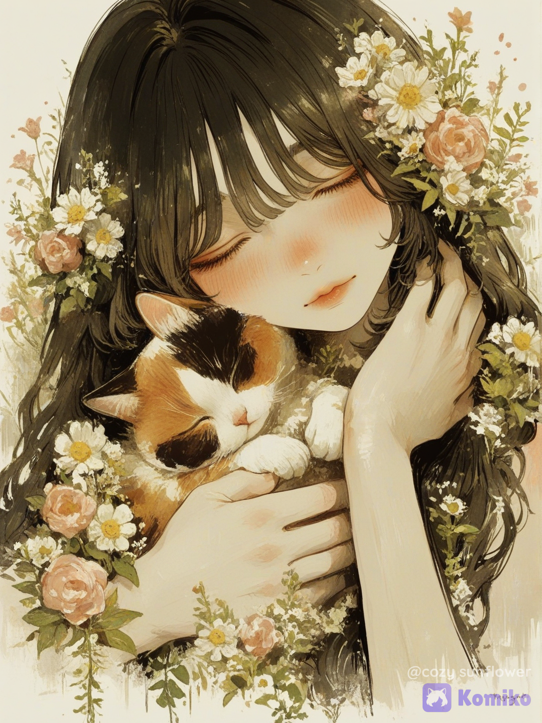 Using the attached image as the identity reference, create an entirely new vertical 2:3 portrait of the same fictional adult woman. Preserve her recognizable facial structure, nose, lips, jawline, pale warm skin, very long black hair, soft bangs, and elegant feminine appearance. Do not reproduce the original pose, clothing, room, gaming setup, accessories, symbols, or background. Create an intimate, dreamlike close-up portrait in which her face and a small sleeping calico kitten fill most of the frame. Crop the composition from just below her shoulders upward. Her eyes are peacefully closed as she gently presses the sleeping kitten against her cheek. The kitten’s eyes are also closed, and its two small white front paws are clearly visible. One of her hands supports the kitten naturally while her other hand rests delicately against the side of her neck in a tender, protective gesture. Surround both faces with a dense botanical frame of white daisies, pale peach blossoms, dusty-pink flowers, silver-green leaves, tiny buds, and delicate curling stems. Allow selected flowers and leaves to blend naturally into her long dark hair. Keep both her face and the kitten’s face completely unobstructed. The outer flowers should dissolve into loose watercolor washes, ink splashes, and softly unfinished paper edges. Style: approximately 45% realistic and 55% refined painterly illustration. Elegant magical realism combining watercolor, gouache, and delicate ink linework. Visible watercolor washes, softly brushed skin, hand-painted hair highlights, fine botanical lines, subtle paper grain, gently simplified shapes, delicate fabric texture, realistic but illustrated calico fur, and a premium vintage botanical storybook finish. The result must look intentionally hand-painted rather than like a photograph with an artistic filter. Render her skin with a soft matte watercolor-and-gouache finish, subtle natural tonal variation, delicate brush texture, and restrained highlights. Her lips should be softly painted in muted dusty rose with a natural matte finish, maintaining their original recognizable shape and gentle peaceful smile. Centered and balanced frontal close-up composition, with the woman’s face and the kitten as the dominant emotional focus. Natural anatomy, elegant hand placement, five accurate fingers on every visible hand, believable kitten proportions, and two correctly formed white paws. Use shallow depth of field and softly layered flowers to create depth without making the image photographic. Mood and lighting: calm, intimate, emotional, protective, serene, tranquil, and dreamlike, as though they are sharing a quiet secret. Soft diffused pearlescent light, gentle ambient occlusion, subtle mysterious glow between the flowers, graceful tonal contrast, and cozy ambient illumination. Color palette: muted cream, warm gray, pale peach, dusty pink, soft sage, silver-green, and restrained warm skin tones. Keep the colors harmonious, delicate, and slightly desaturated. Preserve the woman’s adult identity and facial proportions from the reference, even though her eyes are closed. Preserve her characteristic long black hair and bangs. Avoid a distant composition, full-body framing, hyperrealistic skin pores, glossy or plastic skin, wet-looking lips, harsh photographic highlights, generic anime facial features, exaggerated makeup, exaggerated cleavage, malformed hands, extra or missing fingers, fused anatomy, duplicated kitten paws, extra animals, open eyes, flowers covering either face, excessive saturation, text, typography, logos, signatures, frames, or watermarks., [sweet-painting-style]