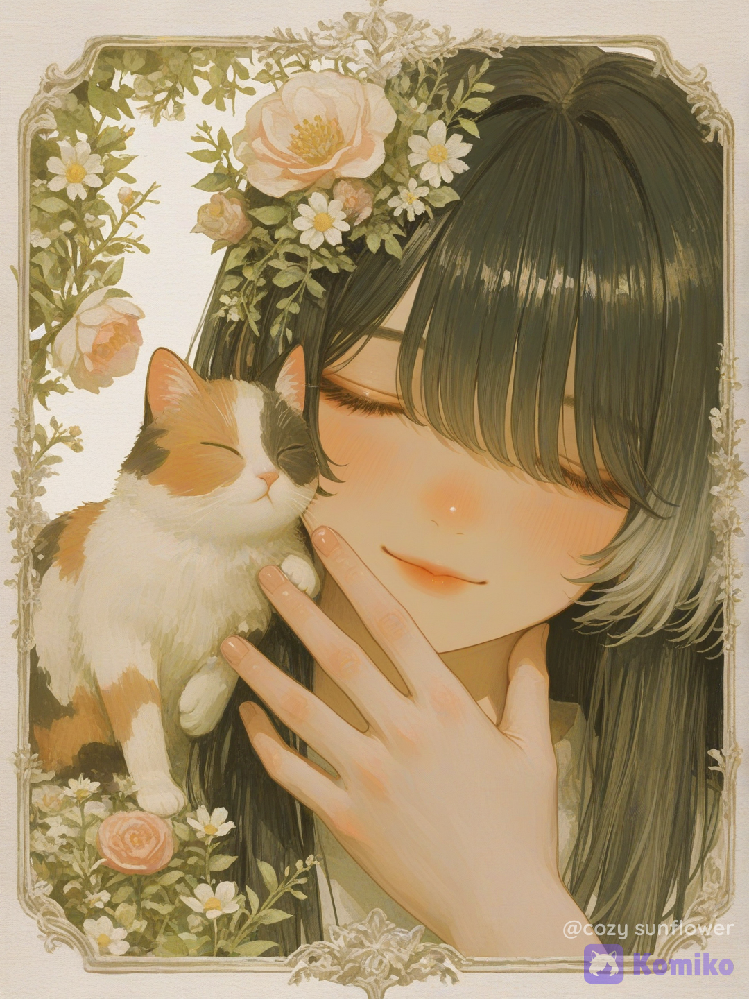 Using the attached image as the identity reference, create an entirely new vertical 2:3 portrait of the same fictional adult woman. Preserve her recognizable facial structure, nose, lips, jawline, pale warm skin, very long black hair, soft bangs, and elegant feminine appearance. Do not reproduce the original pose, clothing, room, gaming setup, accessories, symbols, or background. Create an intimate, dreamlike close-up portrait in which her face and a small sleeping calico kitten fill most of the frame. Crop the composition from just below her shoulders upward. Her eyes are peacefully closed as she gently presses the sleeping kitten against her cheek. The kitten’s eyes are also closed, and its two small white front paws are clearly visible. One of her hands supports the kitten naturally while her other hand rests delicately against the side of her neck in a tender, protective gesture. Surround both faces with a dense botanical frame of white daisies, pale peach blossoms, dusty-pink flowers, silver-green leaves, tiny buds, and delicate curling stems. Allow selected flowers and leaves to blend naturally into her long dark hair. Keep both her face and the kitten’s face completely unobstructed. The outer flowers should dissolve into loose watercolor washes, ink splashes, and softly unfinished paper edges. Style: approximately 45% realistic and 55% refined painterly illustration. Elegant magical realism combining watercolor, gouache, and delicate ink linework. Visible watercolor washes, softly brushed skin, hand-painted hair highlights, fine botanical lines, subtle paper grain, gently simplified shapes, delicate fabric texture, realistic but illustrated calico fur, and a premium vintage botanical storybook finish. The result must look intentionally hand-painted rather than like a photograph with an artistic filter. Render her skin with a soft matte watercolor-and-gouache finish, subtle natural tonal variation, delicate brush texture, and restrained highlights. Her lips should be softly painted in muted dusty rose with a natural matte finish, maintaining their original recognizable shape and gentle peaceful smile. Centered and balanced frontal close-up composition, with the woman’s face and the kitten as the dominant emotional focus. Natural anatomy, elegant hand placement, five accurate fingers on every visible hand, believable kitten proportions, and two correctly formed white paws. Use shallow depth of field and softly layered flowers to create depth without making the image photographic. Mood and lighting: calm, intimate, emotional, protective, serene, tranquil, and dreamlike, as though they are sharing a quiet secret. Soft diffused pearlescent light, gentle ambient occlusion, subtle mysterious glow between the flowers, graceful tonal contrast, and cozy ambient illumination. Color palette: muted cream, warm gray, pale peach, dusty pink, soft sage, silver-green, and restrained warm skin tones. Keep the colors harmonious, delicate, and slightly desaturated. Preserve the woman’s adult identity and facial proportions from the reference, even though her eyes are closed. Preserve her characteristic long black hair and bangs. Avoid a distant composition, full-body framing, hyperrealistic skin pores, glossy or plastic skin, wet-looking lips, harsh photographic highlights, generic anime facial features, exaggerated makeup, exaggerated cleavage, malformed hands, extra or missing fingers, fused anatomy, duplicated kitten paws, extra animals, open eyes, flowers covering either face, excessive saturation, text, typography, logos, signatures, frames, or watermarks., [sensual-glossy-style]