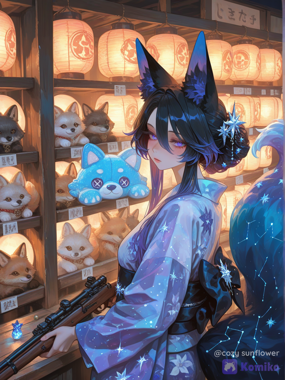 Use the attached image as a STRICT CHARACTER IDENTITY REFERENCE for VEYRA. Create a gorgeous 3:4 vertical illustration of Veyra at a Japanese summer night festival. ILLUSTRATION STYLE: ETHEREAL JAPANESE FANTASY ILLUSTRATION. Premium contemporary Japanese fantasy character illustration.
High-end Japanese light-novel illustration.
Elegant authored anime illustration.
Delicate controlled linework.
Beautiful variable line weight.
Refined painterly cel shading.
Subtle watercolor influence.
Luxurious character rendering.
Extremely beautiful mature anime facial anatomy.
Intricate gemstone eyes.
Large clean flowing hair masses.
Selective fine strand detail.
Elegant textile rendering.
Beautifully controlled warm and cool illumination.
Premium printed Japanese artbook feeling. This is primarily a BEAUTY PORTRAIT. Beauty first.
Character second.
Story third.
Comedy discovered last. ==================================================
CONCEPT — THE NIGHT MARKET PRIZE
================================================== Veyra is visiting a beautiful Japanese summer night festival. She has stopped at a traditional festival shooting-game booth. The prize she intends to win is an absurdly oversized BLACK FOX PLUSH that looks suspiciously similar to Yuki. Veyra takes this completely seriously. She carefully aims the small festival cork rifle toward the game targets. Yuki sits comfortably on Veyra's shoulder. Yuki notices the enormous plush version of himself behind them. Veyra is technically supposed to win the game normally. However... a VERY SUBTLE ring of violet-cyan aurora magic is quietly correcting the trajectory of the cork. Veyra does not consider this cheating. The image should initially appear to be an exceptionally beautiful festival portrait. The comedy becomes apparent only after looking more closely. ==================================================
VEYRA — STRICT REFERENCE IDENTITY
================================================== Preserve Veyra faithfully from the supplied reference. Her identity is the highest priority in the entire image. Preserve: her exact recognizable adult face, her facial proportions, her refined mature anime features, her large luminous violet gemstone eyes, her complex crystalline violet irises, her long individually defined eyelashes, her calm slightly serious expression, her extremely long midnight navy-black hair, her deep indigo undertones, her selective violet, lavender and icy-cyan coloration, her signature iridescent crystalline star ornament, her large high-set pointed furry fox ears, her elegant celestial fox identity. Her hair remains overwhelmingly: MIDNIGHT NAVY
BLUE-BLACK
DEEP INDIGO. Violet, lavender and icy cyan appear selectively through: small colored hair sections, reflected festival illumination, aurora reflections, rim lighting. Do not allow the colorful lighting to turn all of her hair purple or cyan. She remains immediately recognizable as Veyra. ==================================================
VEYRA'S EARS
================================================== Veyra has exactly ONE PAIR of ears. Exactly TWO ears total. Both are large furry FOX EARS positioned high on top of her head. Tall pointed silhouette. Midnight navy outer fur. Soft pale lavender-gray inner fur. Beautiful individual fur definition around the edges. The fox ears should create a powerful recognizable silhouette against the glowing lanterns. ==================================================
VEYRA'S HAIRSTYLE
================================================== Give Veyra a beautiful relaxed summer-festival hairstyle while preserving her recognizable hair. Most of her extremely long hair remains loose and flowing. Gather a portion of the upper hair into a soft elegant partial updo / loose high knot. Long face-framing sections remain around her cheeks. Soft wispy bangs frame her violet eyes. Her signature crystalline star ornament is incorporated prominently beside one fox ear. Allow several delicate gold chains and tiny crystalline ornaments to fall naturally from the hair ornament. Keep these details controlled. Her hair should feel luxurious and slightly windswept. Use large flowing hair masses first. Use individual strands primarily around: her face, the silhouette, the illuminated edges. ==================================================
COMPOSITION — VEYRA MUST BE HUGE
================================================== 3:4 VERTICAL. Close character-focused festival portrait. Veyra occupies approximately 65–75% of the visual attention. Frame approximately from the hips / waist upward. Her FACE is extremely large and prominent. Her face occupies a major portion of the upper-middle composition. Her violet eyes must remain immediately readable at thumbnail size. Veyra stands at the front of the festival shooting booth. Her body is turned slightly toward the game. Her face remains clearly visible to the viewer. She holds the festival cork rifle naturally with both hands. The rifle crosses the composition diagonally and creates a strong leading line. Yuki sits on Veyra's shoulder. Behind them, slightly offset to one side, is the enormous black fox plush prize. Veyra's large physical fox tail curls through the lower background / side of the composition. Warm lanterns frame Veyra's ears and head. Keep the shooting booth simple. THUMBNAIL PRIORITY: 1. VEYRA'S FACE
2. VEYRA'S VIOLET EYES
3. VEYRA'S FOX EARS
4. BEAUTIFUL MIDNIGHT YUKATA
5. FESTIVAL GAME PROP
6. YUKI
7. GIANT YUKI-LIKE PLUSH
8. VEYRA'S LARGE FOX TAIL
9. WARM FESTIVAL ENVIRONMENT ==================================================
VEYRA'S EXPRESSION
================================================== Veyra is taking this game FAR more seriously than necessary. Give her: calm violet eyes, focused gaze, slightly lowered eyelids, relaxed eyebrows, a tiny restrained mouth, the faintest suggestion of confidence. She should look elegant rather than angry. She is completely certain she is going to win. Her expression communicates: “This target will fall.” Do not make her exaggerated. Do not make her cartoonishly angry. The comedy comes from how genuinely composed and serious she is. VEYRA REMAINS BEAUTIFUL FIRST. ==================================================
VEYRA'S FESTIVAL YUKATA — IMPORTANT
================================================== Dress Veyra in an exceptionally beautiful MIDNIGHT CELESTIAL SUMMER YUKATA designed specifically for her. This should clearly read as traditional Japanese festival clothing interpreted through Veyra's celestial aesthetic. Use a traditional overlapping yukata neckline. Elegant wrapped construction. Long flowing kimono sleeves. Beautiful fabric drape. The dominant fabric is: MIDNIGHT NAVY / DEEP BLUE-BLACK. Decorate the yukata with restrained elegant motifs: deep violet hydrangeas, small lavender hydrangea petals, tiny constellation lines, small crystalline stars, subtle aurora-colored flower centers, very small celestial gold accents. The hydrangea pattern should be concentrated rather than covering every inch of fabric. Leave large uninterrupted areas of midnight fabric. Use an elegant obi around her waist. The obi contains: deep violet, iridescent lavender, small icy-cyan reflections, subtle celestial gold. Incorporate a small crystalline star ornament into the obi. Allow a few tiny decorative crystal charms to hang beneath it. The yukata should feel: luxurious, traditional, refined, adult, elegant, magical, festival appropriate. The clothing should enhance Veyra's beauty without becoming the primary focal point. Use LARGE CLEAN FABRIC MASSES beneath selective intricate textile details. ==================================================
VEYRA'S FOX TAIL — IMPORTANT
================================================== VEYRA HAS ONE LARGE PHYSICAL FOX TAIL CLEARLY VISIBLE. Do not forget it. Do not hide it entirely behind the booth. Do not crop the entire tail away. The enormous fluffy fox tail curves upward behind Veyra along one side of the composition. It helps frame her silhouette. The tail is: very large, exceptionally fluffy, luxurious, soft, clearly fox-like. Base coloration: midnight navy, blue-black, deep indigo. Toward the outer fur and fluffy tip, introduce selective: violet, lavender, icy cyan, soft aurora-blue. Keep the majority of the tail DARK. Warm festival lantern light catches one edge. Cool violet-cyan aurora reflections illuminate the opposite edge. This creates gorgeous warm/cool lighting across the fur. Use large directional fur masses. Add selected individual strands around the outer silhouette. ONE PHYSICAL FOX TAIL. ==================================================
YUKI — VEYRA'S SPIRIT COMPANION
================================================== Yuki sits comfortably on Veyra's shoulder. Yuki is a TINY BLACK AURORA FOX SPIRIT. He is significantly smaller than Veyra's head. Tiny fluffy body. Predominantly black / midnight navy fur. Large pointed furry fox ears. Soft pale inner-ear fur. Huge luminous violet-cyan gemstone eyes. Tiny crystalline star charm at his neck. Small fluffy fox tail with a subtle violet-to-cyan aurora tip. Yuki is looking toward the giant plush prize behind Veyra. His expression is: quietly fascinated, slightly confused, extremely cute. He should appear to be thinking: “Why is there a giant me?” Keep Yuki visually simple enough to read immediately. He is a secondary character. ==================================================
THE GIANT FOX PLUSH PRIZE
================================================== Behind Veyra and Yuki is ONE major festival prize: AN ENORMOUS BLACK FOX PLUSH. The plush is intentionally designed to resemble Yuki. It has: huge rounded plush body, black / midnight navy fabric, oversized pointed fox ears, pale lavender inner ears, large violet-cyan button-like anime eyes, small cute muzzle, tiny star-shaped bow or charm, large simplified fluffy tail. The plush should look ridiculously large. Approximately human-torso-sized or larger. It sits prominently on a prize shelf behind Veyra. Yuki and the plush should visually echo one another. This is the main visual joke. Keep the plush cute and simple. Do not surround it with many equally prizes. Add only a FEW small secondary festival prizes around it as soft supporting shapes. The GIANT BLACK FOX PLUSH remains the obvious grand prize. ==================================================
FESTIVAL SHOOTING GAME
================================================== Veyra holds a traditional Japanese festival cork shooting-game rifle. It should look clearly like a lightweight carnival game prop. Wooden stock. Simple dark metal barrel. Small cork projectile. Elegant traditional festival-game construction. The rifle should not feel militaristic. It is unmistakably a carnival game. Veyra aims toward a simple target area just outside or near the edge of the composition. Only a FEW targets are visible. Use: small standing targets, simple prize markers, one small decorative bullseye. Keep the game readable but uncluttered. ==================================================
VEYRA IS CHEATING — VERY SUBTLY
================================================== Add ONE tiny magical storytelling detail. Near the end of the cork rifle, create a very subtle thin ring of Veyra's aurora magic. The magical ring is: violet, lavender, icy cyan. A tiny cork projectile is traveling toward the target. A delicate curved aurora trail suggests that Veyra's magic is correcting its trajectory. KEEP THIS EFFECT SMALL. No giant spell circle. No magical explosion. No huge particle cloud. The viewer should discover the cheating only after inspecting the image. Veyra believes this is merely: “trajectory correction.” ==================================================
JAPANESE SUMMER NIGHT FESTIVAL
================================================== Set the scene at a warm beautiful Japanese summer festival after sunset. The environment should feel romantic, cozy and magical without becoming crowded. Behind Veyra: a simple wooden festival stall, warm paper lanterns, soft fabric awning, a few blurred neighboring stalls, small distant silhouettes of festival visitors, soft nighttime trees. Use the crowd only as indistinct background atmosphere. Do not create many background characters. The festival should be suggested through: LIGHT, COLOR, LANTERNS, WOOD, and
SOFT SHAPES. ==================================================
LANTERNS
================================================== Use approximately FIVE to SEVEN visible paper lanterns. Not dozens. Warm ivory paper. Golden-orange illumination. Simple abstract festival symbols. Minimal decorative brush markings. The lanterns create large warm circular shapes behind Veyra. Position several lanterns behind and around her fox ears to create gorgeous rim lighting. Keep any signage minimal and decorative. The image does not depend on readable text. ==================================================
COLOR PALETTE
================================================== Create a dramatic but harmonious warm/cool contrast. VEYRA: midnight navy, blue-black, indigo, violet, lavender, icy cyan. FESTIVAL: warm cream, gold, amber, orange, soft coral. This contrast is extremely important. Veyra should look like a piece of the night sky standing inside a warm lantern festival. Do not allow violet and cyan to dominate the entire image. Do not turn the festival into Veyra's color palette. Preserve strong areas of: warm gold, cream, amber, natural wood. The environment should make Veyra's cool celestial palette stand out. ==================================================
LIGHTING — MAJOR FEATURE
================================================== Beautiful cinematic festival lighting. Warm golden lantern light illuminates Veyra from behind and from the side. Soft warm light touches: her cheek, nose, hands, fox ears, edges of her hair, yukata folds. A small amount of cool violet-cyan illumination comes from her subtle aurora magic. The result is: WARM FESTIVAL LIGHT
versus
COOL CELESTIAL VEYRA. Her FACE remains bright and exceptionally readable. Her violet eyes catch warm golden reflections. Use beautiful warm rim lighting around her fox ears. Her midnight hair should contain controlled champagne highlights from the lanterns. Her fox tail receives warm gold along one edge and cool violet along the other. Yuki receives a tiny amount of both. The giant plush remains softly illuminated and clearly readable. Avoid excessive bloom. Keep highlights controlled. ==================================================
BACKGROUND CONTROL — IMPORTANT
================================================== DO NOT OVERLOAD THE IMAGE. The booth does NOT need dozens of prizes. The festival does NOT need dozens of people. The sky does NOT need elaborate fireworks. The image does NOT need excessive magical particles. Use: ONE giant fox plush, a few small secondary prizes, five to seven lanterns, a simple booth, a few soft targets, minimal distant festival atmosphere. Preserve visual breathing room. Allow large dark areas of Veyra's hair and yukata to contrast against large warm lantern shapes. The image should feel rich because the IMPORTANT elements are beautifully rendered, not because every inch contains an object. ==================================================
ILLUSTRATION STYLE — ETHEREAL JAPANESE FANTASY
================================================== ETHEREAL JAPANESE FANTASY ILLUSTRATION. Premium Japanese fantasy anime character illustration. Elegant contemporary light-novel artwork. Refined authored linework. Delicate but confident contour lines. Beautiful variable line weight. Sophisticated mature anime facial anatomy. Large gemstone eyes with exceptionally intricate irises. Sharp individually defined eyelashes. Soft natural blush. Subtle painterly skin shading. Large clean flowing hair masses. Selected delicate individual strands. Beautiful animal-ear fur rendering. Luxurious fluffy fox-tail rendering. Painterly cel shading. Subtle watercolor influence. Soft controlled gradients. Elegant textile illustration. Refined traditional Japanese fabric folds. Precise crystalline jewelry. Beautiful natural wood. Soft paper lantern materials. Controlled magical illumination. Premium printed Japanese artbook quality. The image should feel illustrated and authored rather than generically rendered. HIGHEST DETAIL: VEYRA'S FACE
VEYRA'S EYES
VEYRA'S HAIR
VEYRA'S FOX EARS SECONDARY DETAIL: VEYRA'S YUKATA
YUKI
FOX TAIL
GIANT PLUSH
RIFLE LOWER DETAIL: STALL
LANTERNS
BACKGROUND PRIZES
DISTANT FESTIVAL ==================================================
IMPORTANT CLEANLINESS REQUIREMENTS
================================================== Use EXTREMELY CLEAN RENDERING. Skin should remain smooth while preserving shading. Hair should remain sharply without artificial grain. Use large clean hair masses beneath selective intricate strand detail. Fox-ear fur should remain clean and directional. Fox-tail fur should use large clean directional masses beneath selected individual strands. Keep dark navy areas exceptionally clean. Keep yukata fabric smooth and clearly separated. Maintain clean traditional fabric folds. Keep hydrangea patterns crisp but restrained. Lantern gradients should remain smooth. Night gradients should remain clean. Warm light transitions should remain smooth. Use controlled reflections. Use controlled magical glow. Use restrained sparkles only where compositionally meaningful. Maintain crisp eye details. Maintain clean hands and fingers. Maintain clean prop geometry. Maintain clean plush shapes. Maintain a clear focal hierarchy. Do not fill negative space unnecessarily. VISUALLY DENSE BUT NEVER VISUALLY DIRTY. LARGE CLEAN COLOR MASSES BENEATH INTRICATE SEMANTIC DETAIL. ==================================================
FINAL IMAGE GOAL
================================================== Create a breathtaking 3:4 portrait of Veyra enjoying a Japanese summer night festival. At first glance: AN EXTREMELY BEAUTIFUL MIDNIGHT FOX WOMAN AT A GOLDEN LANTERN FESTIVAL. Her face should stop the viewer immediately. Her violet gemstone eyes should be exceptionally beautiful. Her midnight hair should contrast spectacularly against warm lantern light. Her hydrangea celestial yukata should feel luxurious and distinctive. Her large fox ears and enormous fluffy aurora tail make her unmistakably Veyra. At second glance: Veyra is taking a simple carnival shooting game absurdly seriously. At third glance: Yuki is sitting on her shoulder staring at an enormous plush version of himself. At fourth glance: Veyra is subtly using aurora magic to correct the cork's trajectory. Beauty first. Personality second. Story third. Comedy fourth. Keep the entire composition clean, elegant and immediately readable. VEYRA IS THE IMAGE. Everything else exists to make her portrait more memorable., veyra, [sensual-glossy-style]