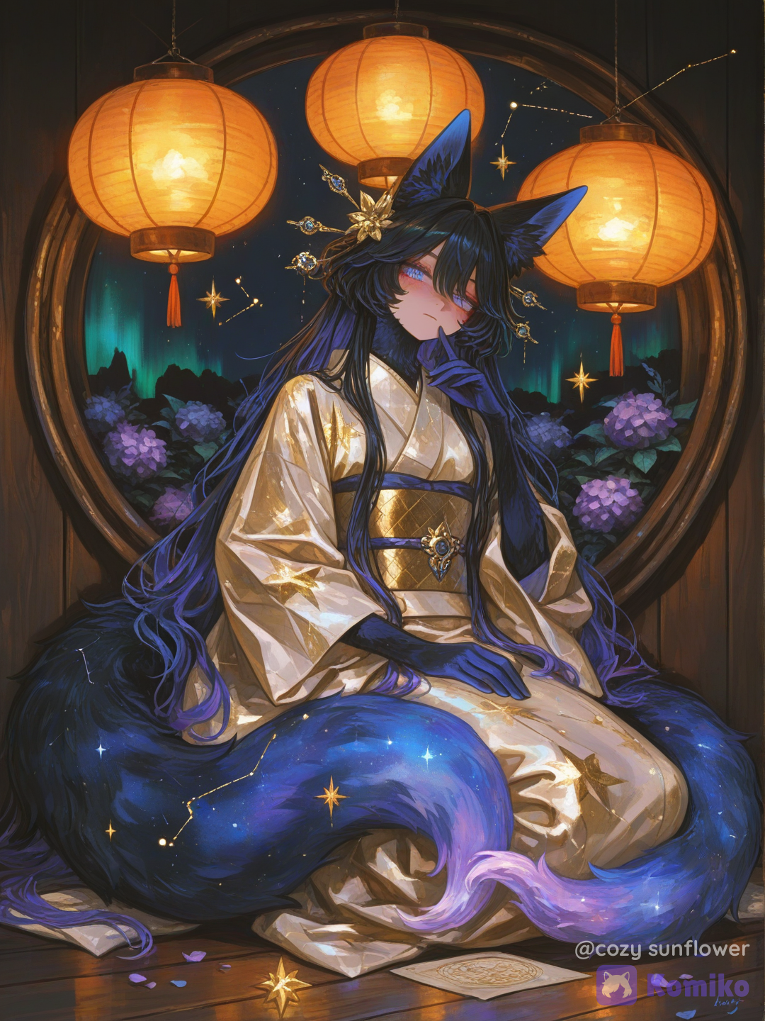Use the attached image as a STRICT CHARACTER IDENTITY REFERENCE for VEYRA. Create a gorgeous 3:4 vertical illustration of Veyra at a Japanese summer night festival. ILLUSTRATION STYLE: ETHEREAL JAPANESE FANTASY ILLUSTRATION. Premium contemporary Japanese fantasy character illustration.
High-end Japanese light-novel illustration.
Elegant authored anime illustration.
Delicate controlled linework.
Beautiful variable line weight.
Refined painterly cel shading.
Subtle watercolor influence.
Luxurious character rendering.
Extremely beautiful mature anime facial anatomy.
Intricate gemstone eyes.
Large clean flowing hair masses.
Selective fine strand detail.
Elegant textile rendering.
Beautifully controlled warm and cool illumination.
Premium printed Japanese artbook feeling. This is primarily a BEAUTY PORTRAIT. Beauty first.
Character second.
Story third.
Comedy discovered last. ==================================================
CONCEPT — THE NIGHT MARKET PRIZE
================================================== Veyra is visiting a beautiful Japanese summer night festival. She has stopped at a traditional festival shooting-game booth. The prize she intends to win is an absurdly oversized BLACK FOX PLUSH that looks suspiciously similar to Yuki. Veyra takes this completely seriously. She carefully aims the small festival cork rifle toward the game targets. Yuki sits comfortably on Veyra's shoulder. Yuki notices the enormous plush version of himself behind them. Veyra is technically supposed to win the game normally. However... a VERY SUBTLE ring of violet-cyan aurora magic is quietly correcting the trajectory of the cork. Veyra does not consider this cheating. The image should initially appear to be an exceptionally beautiful festival portrait. The comedy becomes apparent only after looking more closely. ==================================================
VEYRA — STRICT REFERENCE IDENTITY
================================================== Preserve Veyra faithfully from the supplied reference. Her identity is the highest priority in the entire image. Preserve: her exact recognizable adult face, her facial proportions, her refined mature anime features, her large luminous violet gemstone eyes, her complex crystalline violet irises, her long individually defined eyelashes, her calm slightly serious expression, her extremely long midnight navy-black hair, her deep indigo undertones, her selective violet, lavender and icy-cyan coloration, her signature iridescent crystalline star ornament, her large high-set pointed furry fox ears, her elegant celestial fox identity. Her hair remains overwhelmingly: MIDNIGHT NAVY
BLUE-BLACK
DEEP INDIGO. Violet, lavender and icy cyan appear selectively through: small colored hair sections, reflected festival illumination, aurora reflections, rim lighting. Do not allow the colorful lighting to turn all of her hair purple or cyan. She remains immediately recognizable as Veyra. ==================================================
VEYRA'S EARS
================================================== Veyra has exactly ONE PAIR of ears. Exactly TWO ears total. Both are large furry FOX EARS positioned high on top of her head. Tall pointed silhouette. Midnight navy outer fur. Soft pale lavender-gray inner fur. Beautiful individual fur definition around the edges. The fox ears should create a powerful recognizable silhouette against the glowing lanterns. ==================================================
VEYRA'S HAIRSTYLE
================================================== Give Veyra a beautiful relaxed summer-festival hairstyle while preserving her recognizable hair. Most of her extremely long hair remains loose and flowing. Gather a portion of the upper hair into a soft elegant partial updo / loose high knot. Long face-framing sections remain around her cheeks. Soft wispy bangs frame her violet eyes. Her signature crystalline star ornament is incorporated prominently beside one fox ear. Allow several delicate gold chains and tiny crystalline ornaments to fall naturally from the hair ornament. Keep these details controlled. Her hair should feel luxurious and slightly windswept. Use large flowing hair masses first. Use individual strands primarily around: her face, the silhouette, the illuminated edges. ==================================================
COMPOSITION — VEYRA MUST BE HUGE
================================================== 3:4 VERTICAL. Close character-focused festival portrait. Veyra occupies approximately 65–75% of the visual attention. Frame approximately from the hips / waist upward. Her FACE is extremely large and prominent. Her face occupies a major portion of the upper-middle composition. Her violet eyes must remain immediately readable at thumbnail size. Veyra stands at the front of the festival shooting booth. Her body is turned slightly toward the game. Her face remains clearly visible to the viewer. She holds the festival cork rifle naturally with both hands. The rifle crosses the composition diagonally and creates a strong leading line. Yuki sits on Veyra's shoulder. Behind them, slightly offset to one side, is the enormous black fox plush prize. Veyra's large physical fox tail curls through the lower background / side of the composition. Warm lanterns frame Veyra's ears and head. Keep the shooting booth simple. THUMBNAIL PRIORITY: 1. VEYRA'S FACE
2. VEYRA'S VIOLET EYES
3. VEYRA'S FOX EARS
4. BEAUTIFUL MIDNIGHT YUKATA
5. FESTIVAL GAME PROP
6. YUKI
7. GIANT YUKI-LIKE PLUSH
8. VEYRA'S LARGE FOX TAIL
9. WARM FESTIVAL ENVIRONMENT ==================================================
VEYRA'S EXPRESSION
================================================== Veyra is taking this game FAR more seriously than necessary. Give her: calm violet eyes, focused gaze, slightly lowered eyelids, relaxed eyebrows, a tiny restrained mouth, the faintest suggestion of confidence. She should look elegant rather than angry. She is completely certain she is going to win. Her expression communicates: “This target will fall.” Do not make her exaggerated. Do not make her cartoonishly angry. The comedy comes from how genuinely composed and serious she is. VEYRA REMAINS BEAUTIFUL FIRST. ==================================================
VEYRA'S FESTIVAL YUKATA — IMPORTANT
================================================== Dress Veyra in an exceptionally beautiful MIDNIGHT CELESTIAL SUMMER YUKATA designed specifically for her. This should clearly read as traditional Japanese festival clothing interpreted through Veyra's celestial aesthetic. Use a traditional overlapping yukata neckline. Elegant wrapped construction. Long flowing kimono sleeves. Beautiful fabric drape. The dominant fabric is: MIDNIGHT NAVY / DEEP BLUE-BLACK. Decorate the yukata with restrained elegant motifs: deep violet hydrangeas, small lavender hydrangea petals, tiny constellation lines, small crystalline stars, subtle aurora-colored flower centers, very small celestial gold accents. The hydrangea pattern should be concentrated rather than covering every inch of fabric. Leave large uninterrupted areas of midnight fabric. Use an elegant obi around her waist. The obi contains: deep violet, iridescent lavender, small icy-cyan reflections, subtle celestial gold. Incorporate a small crystalline star ornament into the obi. Allow a few tiny decorative crystal charms to hang beneath it. The yukata should feel: luxurious, traditional, refined, adult, elegant, magical, festival appropriate. The clothing should enhance Veyra's beauty without becoming the primary focal point. Use LARGE CLEAN FABRIC MASSES beneath selective intricate textile details. ==================================================
VEYRA'S FOX TAIL — IMPORTANT
================================================== VEYRA HAS ONE LARGE PHYSICAL FOX TAIL CLEARLY VISIBLE. Do not forget it. Do not hide it entirely behind the booth. Do not crop the entire tail away. The enormous fluffy fox tail curves upward behind Veyra along one side of the composition. It helps frame her silhouette. The tail is: very large, exceptionally fluffy, luxurious, soft, clearly fox-like. Base coloration: midnight navy, blue-black, deep indigo. Toward the outer fur and fluffy tip, introduce selective: violet, lavender, icy cyan, soft aurora-blue. Keep the majority of the tail DARK. Warm festival lantern light catches one edge. Cool violet-cyan aurora reflections illuminate the opposite edge. This creates gorgeous warm/cool lighting across the fur. Use large directional fur masses. Add selected individual strands around the outer silhouette. ONE PHYSICAL FOX TAIL. ==================================================
YUKI — VEYRA'S SPIRIT COMPANION
================================================== Yuki sits comfortably on Veyra's shoulder. Yuki is a TINY BLACK AURORA FOX SPIRIT. He is significantly smaller than Veyra's head. Tiny fluffy body. Predominantly black / midnight navy fur. Large pointed furry fox ears. Soft pale inner-ear fur. Huge luminous violet-cyan gemstone eyes. Tiny crystalline star charm at his neck. Small fluffy fox tail with a subtle violet-to-cyan aurora tip. Yuki is looking toward the giant plush prize behind Veyra. His expression is: quietly fascinated, slightly confused, extremely cute. He should appear to be thinking: “Why is there a giant me?” Keep Yuki visually simple enough to read immediately. He is a secondary character. ==================================================
THE GIANT FOX PLUSH PRIZE
================================================== Behind Veyra and Yuki is ONE major festival prize: AN ENORMOUS BLACK FOX PLUSH. The plush is intentionally designed to resemble Yuki. It has: huge rounded plush body, black / midnight navy fabric, oversized pointed fox ears, pale lavender inner ears, large violet-cyan button-like anime eyes, small cute muzzle, tiny star-shaped bow or charm, large simplified fluffy tail. The plush should look ridiculously large. Approximately human-torso-sized or larger. It sits prominently on a prize shelf behind Veyra. Yuki and the plush should visually echo one another. This is the main visual joke. Keep the plush cute and simple. Do not surround it with many equally prizes. Add only a FEW small secondary festival prizes around it as soft supporting shapes. The GIANT BLACK FOX PLUSH remains the obvious grand prize. ==================================================
FESTIVAL SHOOTING GAME
================================================== Veyra holds a traditional Japanese festival cork shooting-game rifle. It should look clearly like a lightweight carnival game prop. Wooden stock. Simple dark metal barrel. Small cork projectile. Elegant traditional festival-game construction. The rifle should not feel militaristic. It is unmistakably a carnival game. Veyra aims toward a simple target area just outside or near the edge of the composition. Only a FEW targets are visible. Use: small standing targets, simple prize markers, one small decorative bullseye. Keep the game readable but uncluttered. ==================================================
VEYRA IS CHEATING — VERY SUBTLY
================================================== Add ONE tiny magical storytelling detail. Near the end of the cork rifle, create a very subtle thin ring of Veyra's aurora magic. The magical ring is: violet, lavender, icy cyan. A tiny cork projectile is traveling toward the target. A delicate curved aurora trail suggests that Veyra's magic is correcting its trajectory. KEEP THIS EFFECT SMALL. No giant spell circle. No magical explosion. No huge particle cloud. The viewer should discover the cheating only after inspecting the image. Veyra believes this is merely: “trajectory correction.” ==================================================
JAPANESE SUMMER NIGHT FESTIVAL
================================================== Set the scene at a warm beautiful Japanese summer festival after sunset. The environment should feel romantic, cozy and magical without becoming crowded. Behind Veyra: a simple wooden festival stall, warm paper lanterns, soft fabric awning, a few blurred neighboring stalls, small distant silhouettes of festival visitors, soft nighttime trees. Use the crowd only as indistinct background atmosphere. Do not create many background characters. The festival should be suggested through: LIGHT, COLOR, LANTERNS, WOOD, and
SOFT SHAPES. ==================================================
LANTERNS
================================================== Use approximately FIVE to SEVEN visible paper lanterns. Not dozens. Warm ivory paper. Golden-orange illumination. Simple abstract festival symbols. Minimal decorative brush markings. The lanterns create large warm circular shapes behind Veyra. Position several lanterns behind and around her fox ears to create gorgeous rim lighting. Keep any signage minimal and decorative. The image does not depend on readable text. ==================================================
COLOR PALETTE
================================================== Create a dramatic but harmonious warm/cool contrast. VEYRA: midnight navy, blue-black, indigo, violet, lavender, icy cyan. FESTIVAL: warm cream, gold, amber, orange, soft coral. This contrast is extremely important. Veyra should look like a piece of the night sky standing inside a warm lantern festival. Do not allow violet and cyan to dominate the entire image. Do not turn the festival into Veyra's color palette. Preserve strong areas of: warm gold, cream, amber, natural wood. The environment should make Veyra's cool celestial palette stand out. ==================================================
LIGHTING — MAJOR FEATURE
================================================== Beautiful cinematic festival lighting. Warm golden lantern light illuminates Veyra from behind and from the side. Soft warm light touches: her cheek, nose, hands, fox ears, edges of her hair, yukata folds. A small amount of cool violet-cyan illumination comes from her subtle aurora magic. The result is: WARM FESTIVAL LIGHT
versus
COOL CELESTIAL VEYRA. Her FACE remains bright and exceptionally readable. Her violet eyes catch warm golden reflections. Use beautiful warm rim lighting around her fox ears. Her midnight hair should contain controlled champagne highlights from the lanterns. Her fox tail receives warm gold along one edge and cool violet along the other. Yuki receives a tiny amount of both. The giant plush remains softly illuminated and clearly readable. Avoid excessive bloom. Keep highlights controlled. ==================================================
BACKGROUND CONTROL — IMPORTANT
================================================== DO NOT OVERLOAD THE IMAGE. The booth does NOT need dozens of prizes. The festival does NOT need dozens of people. The sky does NOT need elaborate fireworks. The image does NOT need excessive magical particles. Use: ONE giant fox plush, a few small secondary prizes, five to seven lanterns, a simple booth, a few soft targets, minimal distant festival atmosphere. Preserve visual breathing room. Allow large dark areas of Veyra's hair and yukata to contrast against large warm lantern shapes. The image should feel rich because the IMPORTANT elements are beautifully rendered, not because every inch contains an object. ==================================================
ILLUSTRATION STYLE — ETHEREAL JAPANESE FANTASY
================================================== ETHEREAL JAPANESE FANTASY ILLUSTRATION. Premium Japanese fantasy anime character illustration. Elegant contemporary light-novel artwork. Refined authored linework. Delicate but confident contour lines. Beautiful variable line weight. Sophisticated mature anime facial anatomy. Large gemstone eyes with exceptionally intricate irises. Sharp individually defined eyelashes. Soft natural blush. Subtle painterly skin shading. Large clean flowing hair masses. Selected delicate individual strands. Beautiful animal-ear fur rendering. Luxurious fluffy fox-tail rendering. Painterly cel shading. Subtle watercolor influence. Soft controlled gradients. Elegant textile illustration. Refined traditional Japanese fabric folds. Precise crystalline jewelry. Beautiful natural wood. Soft paper lantern materials. Controlled magical illumination. Premium printed Japanese artbook quality. The image should feel illustrated and authored rather than generically rendered. HIGHEST DETAIL: VEYRA'S FACE
VEYRA'S EYES
VEYRA'S HAIR
VEYRA'S FOX EARS SECONDARY DETAIL: VEYRA'S YUKATA
YUKI
FOX TAIL
GIANT PLUSH
RIFLE LOWER DETAIL: STALL
LANTERNS
BACKGROUND PRIZES
DISTANT FESTIVAL ==================================================
IMPORTANT CLEANLINESS REQUIREMENTS
================================================== Use EXTREMELY CLEAN RENDERING. Skin should remain smooth while preserving shading. Hair should remain sharply without artificial grain. Use large clean hair masses beneath selective intricate strand detail. Fox-ear fur should remain clean and directional. Fox-tail fur should use large clean directional masses beneath selected individual strands. Keep dark navy areas exceptionally clean. Keep yukata fabric smooth and clearly separated. Maintain clean traditional fabric folds. Keep hydrangea patterns crisp but restrained. Lantern gradients should remain smooth. Night gradients should remain clean. Warm light transitions should remain smooth. Use controlled reflections. Use controlled magical glow. Use restrained sparkles only where compositionally meaningful. Maintain crisp eye details. Maintain clean hands and fingers. Maintain clean prop geometry. Maintain clean plush shapes. Maintain a clear focal hierarchy. Do not fill negative space unnecessarily. VISUALLY DENSE BUT NEVER VISUALLY DIRTY. LARGE CLEAN COLOR MASSES BENEATH INTRICATE SEMANTIC DETAIL. ==================================================
FINAL IMAGE GOAL
================================================== Create a breathtaking 3:4 portrait of Veyra enjoying a Japanese summer night festival. At first glance: AN EXTREMELY BEAUTIFUL MIDNIGHT FOX WOMAN AT A GOLDEN LANTERN FESTIVAL. Her face should stop the viewer immediately. Her violet gemstone eyes should be exceptionally beautiful. Her midnight hair should contrast spectacularly against warm lantern light. Her hydrangea celestial yukata should feel luxurious and distinctive. Her large fox ears and enormous fluffy aurora tail make her unmistakably Veyra. At second glance: Veyra is taking a simple carnival shooting game absurdly seriously. At third glance: Yuki is sitting on her shoulder staring at an enormous plush version of himself. At fourth glance: Veyra is subtly using aurora magic to correct the cork's trajectory. Beauty first. Personality second. Story third. Comedy fourth. Keep the entire composition clean, elegant and immediately readable. VEYRA IS THE IMAGE. Everything else exists to make her portrait more memorable., veyra, [sensual-glossy-style]