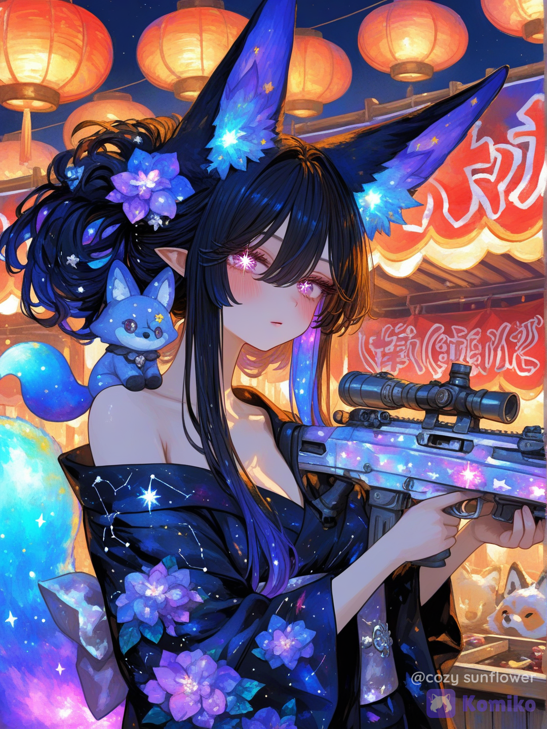 Use the attached image as a STRICT CHARACTER IDENTITY REFERENCE for VEYRA. Create a gorgeous 3:4 vertical illustration of Veyra at a Japanese summer night festival. ILLUSTRATION STYLE: ETHEREAL JAPANESE FANTASY ILLUSTRATION. Premium contemporary Japanese fantasy character illustration.
High-end Japanese light-novel illustration.
Elegant authored anime illustration.
Delicate controlled linework.
Beautiful variable line weight.
Refined painterly cel shading.
Subtle watercolor influence.
Luxurious character rendering.
Extremely beautiful mature anime facial anatomy.
Intricate gemstone eyes.
Large clean flowing hair masses.
Selective fine strand detail.
Elegant textile rendering.
Beautifully controlled warm and cool illumination.
Premium printed Japanese artbook feeling. This is primarily a BEAUTY PORTRAIT. Beauty first.
Character second.
Story third.
Comedy discovered last. ==================================================
CONCEPT — THE NIGHT MARKET PRIZE
================================================== Veyra is visiting a beautiful Japanese summer night festival. She has stopped at a traditional festival shooting-game booth. The prize she intends to win is an absurdly oversized BLACK FOX PLUSH that looks suspiciously similar to Yuki. Veyra takes this completely seriously. She carefully aims the small festival cork rifle toward the game targets. Yuki sits comfortably on Veyra's shoulder. Yuki notices the enormous plush version of himself behind them. Veyra is technically supposed to win the game normally. However... a VERY SUBTLE ring of violet-cyan aurora magic is quietly correcting the trajectory of the cork. Veyra does not consider this cheating. The image should initially appear to be an exceptionally beautiful festival portrait. The comedy becomes apparent only after looking more closely. ==================================================
VEYRA — STRICT REFERENCE IDENTITY
================================================== Preserve Veyra faithfully from the supplied reference. Her identity is the highest priority in the entire image. Preserve: her exact recognizable adult face, her facial proportions, her refined mature anime features, her large luminous violet gemstone eyes, her complex crystalline violet irises, her long individually defined eyelashes, her calm slightly serious expression, her extremely long midnight navy-black hair, her deep indigo undertones, her selective violet, lavender and icy-cyan coloration, her signature iridescent crystalline star ornament, her large high-set pointed furry fox ears, her elegant celestial fox identity. Her hair remains overwhelmingly: MIDNIGHT NAVY
BLUE-BLACK
DEEP INDIGO. Violet, lavender and icy cyan appear selectively through: small colored hair sections, reflected festival illumination, aurora reflections, rim lighting. Do not allow the colorful lighting to turn all of her hair purple or cyan. She remains immediately recognizable as Veyra. ==================================================
VEYRA'S EARS
================================================== Veyra has exactly ONE PAIR of ears. Exactly TWO ears total. Both are large furry FOX EARS positioned high on top of her head. Tall pointed silhouette. Midnight navy outer fur. Soft pale lavender-gray inner fur. Beautiful individual fur definition around the edges. The fox ears should create a powerful recognizable silhouette against the glowing lanterns. ==================================================
VEYRA'S HAIRSTYLE
================================================== Give Veyra a beautiful relaxed summer-festival hairstyle while preserving her recognizable hair. Most of her extremely long hair remains loose and flowing. Gather a portion of the upper hair into a soft elegant partial updo / loose high knot. Long face-framing sections remain around her cheeks. Soft wispy bangs frame her violet eyes. Her signature crystalline star ornament is incorporated prominently beside one fox ear. Allow several delicate gold chains and tiny crystalline ornaments to fall naturally from the hair ornament. Keep these details controlled. Her hair should feel luxurious and slightly windswept. Use large flowing hair masses first. Use individual strands primarily around: her face, the silhouette, the illuminated edges. ==================================================
COMPOSITION — VEYRA MUST BE HUGE
================================================== 3:4 VERTICAL. Close character-focused festival portrait. Veyra occupies approximately 65–75% of the visual attention. Frame approximately from the hips / waist upward. Her FACE is extremely large and prominent. Her face occupies a major portion of the upper-middle composition. Her violet eyes must remain immediately readable at thumbnail size. Veyra stands at the front of the festival shooting booth. Her body is turned slightly toward the game. Her face remains clearly visible to the viewer. She holds the festival cork rifle naturally with both hands. The rifle crosses the composition diagonally and creates a strong leading line. Yuki sits on Veyra's shoulder. Behind them, slightly offset to one side, is the enormous black fox plush prize. Veyra's large physical fox tail curls through the lower background / side of the composition. Warm lanterns frame Veyra's ears and head. Keep the shooting booth simple. THUMBNAIL PRIORITY: 1. VEYRA'S FACE
2. VEYRA'S VIOLET EYES
3. VEYRA'S FOX EARS
4. BEAUTIFUL MIDNIGHT YUKATA
5. FESTIVAL GAME PROP
6. YUKI
7. GIANT YUKI-LIKE PLUSH
8. VEYRA'S LARGE FOX TAIL
9. WARM FESTIVAL ENVIRONMENT ==================================================
VEYRA'S EXPRESSION
================================================== Veyra is taking this game FAR more seriously than necessary. Give her: calm violet eyes, focused gaze, slightly lowered eyelids, relaxed eyebrows, a tiny restrained mouth, the faintest suggestion of confidence. She should look elegant rather than angry. She is completely certain she is going to win. Her expression communicates: “This target will fall.” Do not make her exaggerated. Do not make her cartoonishly angry. The comedy comes from how genuinely composed and serious she is. VEYRA REMAINS BEAUTIFUL FIRST. ==================================================
VEYRA'S FESTIVAL YUKATA — IMPORTANT
================================================== Dress Veyra in an exceptionally beautiful MIDNIGHT CELESTIAL SUMMER YUKATA designed specifically for her. This should clearly read as traditional Japanese festival clothing interpreted through Veyra's celestial aesthetic. Use a traditional overlapping yukata neckline. Elegant wrapped construction. Long flowing kimono sleeves. Beautiful fabric drape. The dominant fabric is: MIDNIGHT NAVY / DEEP BLUE-BLACK. Decorate the yukata with restrained elegant motifs: deep violet hydrangeas, small lavender hydrangea petals, tiny constellation lines, small crystalline stars, subtle aurora-colored flower centers, very small celestial gold accents. The hydrangea pattern should be concentrated rather than covering every inch of fabric. Leave large uninterrupted areas of midnight fabric. Use an elegant obi around her waist. The obi contains: deep violet, iridescent lavender, small icy-cyan reflections, subtle celestial gold. Incorporate a small crystalline star ornament into the obi. Allow a few tiny decorative crystal charms to hang beneath it. The yukata should feel: luxurious, traditional, refined, adult, elegant, magical, festival appropriate. The clothing should enhance Veyra's beauty without becoming the primary focal point. Use LARGE CLEAN FABRIC MASSES beneath selective intricate textile details. ==================================================
VEYRA'S FOX TAIL — IMPORTANT
================================================== VEYRA HAS ONE LARGE PHYSICAL FOX TAIL CLEARLY VISIBLE. Do not forget it. Do not hide it entirely behind the booth. Do not crop the entire tail away. The enormous fluffy fox tail curves upward behind Veyra along one side of the composition. It helps frame her silhouette. The tail is: very large, exceptionally fluffy, luxurious, soft, clearly fox-like. Base coloration: midnight navy, blue-black, deep indigo. Toward the outer fur and fluffy tip, introduce selective: violet, lavender, icy cyan, soft aurora-blue. Keep the majority of the tail DARK. Warm festival lantern light catches one edge. Cool violet-cyan aurora reflections illuminate the opposite edge. This creates gorgeous warm/cool lighting across the fur. Use large directional fur masses. Add selected individual strands around the outer silhouette. ONE PHYSICAL FOX TAIL. ==================================================
YUKI — VEYRA'S SPIRIT COMPANION
================================================== Yuki sits comfortably on Veyra's shoulder. Yuki is a TINY BLACK AURORA FOX SPIRIT. He is significantly smaller than Veyra's head. Tiny fluffy body. Predominantly black / midnight navy fur. Large pointed furry fox ears. Soft pale inner-ear fur. Huge luminous violet-cyan gemstone eyes. Tiny crystalline star charm at his neck. Small fluffy fox tail with a subtle violet-to-cyan aurora tip. Yuki is looking toward the giant plush prize behind Veyra. His expression is: quietly fascinated, slightly confused, extremely cute. He should appear to be thinking: “Why is there a giant me?” Keep Yuki visually simple enough to read immediately. He is a secondary character. ==================================================
THE GIANT FOX PLUSH PRIZE
================================================== Behind Veyra and Yuki is ONE major festival prize: AN ENORMOUS BLACK FOX PLUSH. The plush is intentionally designed to resemble Yuki. It has: huge rounded plush body, black / midnight navy fabric, oversized pointed fox ears, pale lavender inner ears, large violet-cyan button-like anime eyes, small cute muzzle, tiny star-shaped bow or charm, large simplified fluffy tail. The plush should look ridiculously large. Approximately human-torso-sized or larger. It sits prominently on a prize shelf behind Veyra. Yuki and the plush should visually echo one another. This is the main visual joke. Keep the plush cute and simple. Do not surround it with many equally prizes. Add only a FEW small secondary festival prizes around it as soft supporting shapes. The GIANT BLACK FOX PLUSH remains the obvious grand prize. ==================================================
FESTIVAL SHOOTING GAME
================================================== Veyra holds a traditional Japanese festival cork shooting-game rifle. It should look clearly like a lightweight carnival game prop. Wooden stock. Simple dark metal barrel. Small cork projectile. Elegant traditional festival-game construction. The rifle should not feel militaristic. It is unmistakably a carnival game. Veyra aims toward a simple target area just outside or near the edge of the composition. Only a FEW targets are visible. Use: small standing targets, simple prize markers, one small decorative bullseye. Keep the game readable but uncluttered. ==================================================
VEYRA IS CHEATING — VERY SUBTLY
================================================== Add ONE tiny magical storytelling detail. Near the end of the cork rifle, create a very subtle thin ring of Veyra's aurora magic. The magical ring is: violet, lavender, icy cyan. A tiny cork projectile is traveling toward the target. A delicate curved aurora trail suggests that Veyra's magic is correcting its trajectory. KEEP THIS EFFECT SMALL. No giant spell circle. No magical explosion. No huge particle cloud. The viewer should discover the cheating only after inspecting the image. Veyra believes this is merely: “trajectory correction.” ==================================================
JAPANESE SUMMER NIGHT FESTIVAL
================================================== Set the scene at a warm beautiful Japanese summer festival after sunset. The environment should feel romantic, cozy and magical without becoming crowded. Behind Veyra: a simple wooden festival stall, warm paper lanterns, soft fabric awning, a few blurred neighboring stalls, small distant silhouettes of festival visitors, soft nighttime trees. Use the crowd only as indistinct background atmosphere. Do not create many background characters. The festival should be suggested through: LIGHT, COLOR, LANTERNS, WOOD, and
SOFT SHAPES. ==================================================
LANTERNS
================================================== Use approximately FIVE to SEVEN visible paper lanterns. Not dozens. Warm ivory paper. Golden-orange illumination. Simple abstract festival symbols. Minimal decorative brush markings. The lanterns create large warm circular shapes behind Veyra. Position several lanterns behind and around her fox ears to create gorgeous rim lighting. Keep any signage minimal and decorative. The image does not depend on readable text. ==================================================
COLOR PALETTE
================================================== Create a dramatic but harmonious warm/cool contrast. VEYRA: midnight navy, blue-black, indigo, violet, lavender, icy cyan. FESTIVAL: warm cream, gold, amber, orange, soft coral. This contrast is extremely important. Veyra should look like a piece of the night sky standing inside a warm lantern festival. Do not allow violet and cyan to dominate the entire image. Do not turn the festival into Veyra's color palette. Preserve strong areas of: warm gold, cream, amber, natural wood. The environment should make Veyra's cool celestial palette stand out. ==================================================
LIGHTING — MAJOR FEATURE
================================================== Beautiful cinematic festival lighting. Warm golden lantern light illuminates Veyra from behind and from the side. Soft warm light touches: her cheek, nose, hands, fox ears, edges of her hair, yukata folds. A small amount of cool violet-cyan illumination comes from her subtle aurora magic. The result is: WARM FESTIVAL LIGHT
versus
COOL CELESTIAL VEYRA. Her FACE remains bright and exceptionally readable. Her violet eyes catch warm golden reflections. Use beautiful warm rim lighting around her fox ears. Her midnight hair should contain controlled champagne highlights from the lanterns. Her fox tail receives warm gold along one edge and cool violet along the other. Yuki receives a tiny amount of both. The giant plush remains softly illuminated and clearly readable. Avoid excessive bloom. Keep highlights controlled. ==================================================
BACKGROUND CONTROL — IMPORTANT
================================================== DO NOT OVERLOAD THE IMAGE. The booth does NOT need dozens of prizes. The festival does NOT need dozens of people. The sky does NOT need elaborate fireworks. The image does NOT need excessive magical particles. Use: ONE giant fox plush, a few small secondary prizes, five to seven lanterns, a simple booth, a few soft targets, minimal distant festival atmosphere. Preserve visual breathing room. Allow large dark areas of Veyra's hair and yukata to contrast against large warm lantern shapes. The image should feel rich because the IMPORTANT elements are beautifully rendered, not because every inch contains an object. ==================================================
ILLUSTRATION STYLE — ETHEREAL JAPANESE FANTASY
================================================== ETHEREAL JAPANESE FANTASY ILLUSTRATION. Premium Japanese fantasy anime character illustration. Elegant contemporary light-novel artwork. Refined authored linework. Delicate but confident contour lines. Beautiful variable line weight. Sophisticated mature anime facial anatomy. Large gemstone eyes with exceptionally intricate irises. Sharp individually defined eyelashes. Soft natural blush. Subtle painterly skin shading. Large clean flowing hair masses. Selected delicate individual strands. Beautiful animal-ear fur rendering. Luxurious fluffy fox-tail rendering. Painterly cel shading. Subtle watercolor influence. Soft controlled gradients. Elegant textile illustration. Refined traditional Japanese fabric folds. Precise crystalline jewelry. Beautiful natural wood. Soft paper lantern materials. Controlled magical illumination. Premium printed Japanese artbook quality. The image should feel illustrated and authored rather than generically rendered. HIGHEST DETAIL: VEYRA'S FACE
VEYRA'S EYES
VEYRA'S HAIR
VEYRA'S FOX EARS SECONDARY DETAIL: VEYRA'S YUKATA
YUKI
FOX TAIL
GIANT PLUSH
RIFLE LOWER DETAIL: STALL
LANTERNS
BACKGROUND PRIZES
DISTANT FESTIVAL ==================================================
IMPORTANT CLEANLINESS REQUIREMENTS
================================================== Use EXTREMELY CLEAN RENDERING. Skin should remain smooth while preserving shading. Hair should remain sharply without artificial grain. Use large clean hair masses beneath selective intricate strand detail. Fox-ear fur should remain clean and directional. Fox-tail fur should use large clean directional masses beneath selected individual strands. Keep dark navy areas exceptionally clean. Keep yukata fabric smooth and clearly separated. Maintain clean traditional fabric folds. Keep hydrangea patterns crisp but restrained. Lantern gradients should remain smooth. Night gradients should remain clean. Warm light transitions should remain smooth. Use controlled reflections. Use controlled magical glow. Use restrained sparkles only where compositionally meaningful. Maintain crisp eye details. Maintain clean hands and fingers. Maintain clean prop geometry. Maintain clean plush shapes. Maintain a clear focal hierarchy. Do not fill negative space unnecessarily. VISUALLY DENSE BUT NEVER VISUALLY DIRTY. LARGE CLEAN COLOR MASSES BENEATH INTRICATE SEMANTIC DETAIL. ==================================================
FINAL IMAGE GOAL
================================================== Create a breathtaking 3:4 portrait of Veyra enjoying a Japanese summer night festival. At first glance: AN EXTREMELY BEAUTIFUL MIDNIGHT FOX WOMAN AT A GOLDEN LANTERN FESTIVAL. Her face should stop the viewer immediately. Her violet gemstone eyes should be exceptionally beautiful. Her midnight hair should contrast spectacularly against warm lantern light. Her hydrangea celestial yukata should feel luxurious and distinctive. Her large fox ears and enormous fluffy aurora tail make her unmistakably Veyra. At second glance: Veyra is taking a simple carnival shooting game absurdly seriously. At third glance: Yuki is sitting on her shoulder staring at an enormous plush version of himself. At fourth glance: Veyra is subtly using aurora magic to correct the cork's trajectory. Beauty first. Personality second. Story third. Comedy fourth. Keep the entire composition clean, elegant and immediately readable. VEYRA IS THE IMAGE. Everything else exists to make her portrait more memorable., veyra, [sweet-painting-style]