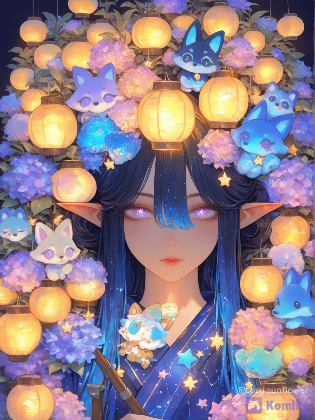Use the attached image as a STRICT CHARACTER IDENTITY REFERENCE for VEYRA. Create a gorgeous 3:4 vertical illustration of Veyra at a Japanese summer night festival. ILLUSTRATION STYLE: ETHEREAL JAPANESE FANTASY ILLUSTRATION. Premium contemporary Japanese fantasy character illustration.
High-end Japanese light-novel illustration.
Elegant authored anime illustration.
Delicate controlled linework.
Beautiful variable line weight.
Refined painterly cel shading.
Subtle watercolor influence.
Luxurious character rendering.
Extremely beautiful mature anime facial anatomy.
Intricate gemstone eyes.
Large clean flowing hair masses.
Selective fine strand detail.
Elegant textile rendering.
Beautifully controlled warm and cool illumination.
Premium printed Japanese artbook feeling. This is primarily a BEAUTY PORTRAIT. Beauty first.
Character second.
Story third.
Comedy discovered last. ==================================================
CONCEPT — THE NIGHT MARKET PRIZE
================================================== Veyra is visiting a beautiful Japanese summer night festival. She has stopped at a traditional festival shooting-game booth. The prize she intends to win is an absurdly oversized BLACK FOX PLUSH that looks suspiciously similar to Yuki. Veyra takes this completely seriously. She carefully aims the small festival cork rifle toward the game targets. Yuki sits comfortably on Veyra's shoulder. Yuki notices the enormous plush version of himself behind them. Veyra is technically supposed to win the game normally. However... a VERY SUBTLE ring of violet-cyan aurora magic is quietly correcting the trajectory of the cork. Veyra does not consider this cheating. The image should initially appear to be an exceptionally beautiful festival portrait. The comedy becomes apparent only after looking more closely. ==================================================
VEYRA — STRICT REFERENCE IDENTITY
================================================== Preserve Veyra faithfully from the supplied reference. Her identity is the highest priority in the entire image. Preserve: her exact recognizable adult face, her facial proportions, her refined mature anime features, her large luminous violet gemstone eyes, her complex crystalline violet irises, her long individually defined eyelashes, her calm slightly serious expression, her extremely long midnight navy-black hair, her deep indigo undertones, her selective violet, lavender and icy-cyan coloration, her signature iridescent crystalline star ornament, her large high-set pointed furry fox ears, her elegant celestial fox identity. Her hair remains overwhelmingly: MIDNIGHT NAVY
BLUE-BLACK
DEEP INDIGO. Violet, lavender and icy cyan appear selectively through: small colored hair sections, reflected festival illumination, aurora reflections, rim lighting. Do not allow the colorful lighting to turn all of her hair purple or cyan. She remains immediately recognizable as Veyra. ==================================================
VEYRA'S EARS
================================================== Veyra has exactly ONE PAIR of ears. Exactly TWO ears total. Both are large furry FOX EARS positioned high on top of her head. Tall pointed silhouette. Midnight navy outer fur. Soft pale lavender-gray inner fur. Beautiful individual fur definition around the edges. The fox ears should create a powerful recognizable silhouette against the glowing lanterns. ==================================================
VEYRA'S HAIRSTYLE
================================================== Give Veyra a beautiful relaxed summer-festival hairstyle while preserving her recognizable hair. Most of her extremely long hair remains loose and flowing. Gather a portion of the upper hair into a soft elegant partial updo / loose high knot. Long face-framing sections remain around her cheeks. Soft wispy bangs frame her violet eyes. Her signature crystalline star ornament is incorporated prominently beside one fox ear. Allow several delicate gold chains and tiny crystalline ornaments to fall naturally from the hair ornament. Keep these details controlled. Her hair should feel luxurious and slightly windswept. Use large flowing hair masses first. Use individual strands primarily around: her face, the silhouette, the illuminated edges. ==================================================
COMPOSITION — VEYRA MUST BE HUGE
================================================== 3:4 VERTICAL. Close character-focused festival portrait. Veyra occupies approximately 65–75% of the visual attention. Frame approximately from the hips / waist upward. Her FACE is extremely large and prominent. Her face occupies a major portion of the upper-middle composition. Her violet eyes must remain immediately readable at thumbnail size. Veyra stands at the front of the festival shooting booth. Her body is turned slightly toward the game. Her face remains clearly visible to the viewer. She holds the festival cork rifle naturally with both hands. The rifle crosses the composition diagonally and creates a strong leading line. Yuki sits on Veyra's shoulder. Behind them, slightly offset to one side, is the enormous black fox plush prize. Veyra's large physical fox tail curls through the lower background / side of the composition. Warm lanterns frame Veyra's ears and head. Keep the shooting booth simple. THUMBNAIL PRIORITY: 1. VEYRA'S FACE
2. VEYRA'S VIOLET EYES
3. VEYRA'S FOX EARS
4. BEAUTIFUL MIDNIGHT YUKATA
5. FESTIVAL GAME PROP
6. YUKI
7. GIANT YUKI-LIKE PLUSH
8. VEYRA'S LARGE FOX TAIL
9. WARM FESTIVAL ENVIRONMENT ==================================================
VEYRA'S EXPRESSION
================================================== Veyra is taking this game FAR more seriously than necessary. Give her: calm violet eyes, focused gaze, slightly lowered eyelids, relaxed eyebrows, a tiny restrained mouth, the faintest suggestion of confidence. She should look elegant rather than angry. She is completely certain she is going to win. Her expression communicates: “This target will fall.” Do not make her exaggerated. Do not make her cartoonishly angry. The comedy comes from how genuinely composed and serious she is. VEYRA REMAINS BEAUTIFUL FIRST. ==================================================
VEYRA'S FESTIVAL YUKATA — IMPORTANT
================================================== Dress Veyra in an exceptionally beautiful MIDNIGHT CELESTIAL SUMMER YUKATA designed specifically for her. This should clearly read as traditional Japanese festival clothing interpreted through Veyra's celestial aesthetic. Use a traditional overlapping yukata neckline. Elegant wrapped construction. Long flowing kimono sleeves. Beautiful fabric drape. The dominant fabric is: MIDNIGHT NAVY / DEEP BLUE-BLACK. Decorate the yukata with restrained elegant motifs: deep violet hydrangeas, small lavender hydrangea petals, tiny constellation lines, small crystalline stars, subtle aurora-colored flower centers, very small celestial gold accents. The hydrangea pattern should be concentrated rather than covering every inch of fabric. Leave large uninterrupted areas of midnight fabric. Use an elegant obi around her waist. The obi contains: deep violet, iridescent lavender, small icy-cyan reflections, subtle celestial gold. Incorporate a small crystalline star ornament into the obi. Allow a few tiny decorative crystal charms to hang beneath it. The yukata should feel: luxurious, traditional, refined, adult, elegant, magical, festival appropriate. The clothing should enhance Veyra's beauty without becoming the primary focal point. Use LARGE CLEAN FABRIC MASSES beneath selective intricate textile details. ==================================================
VEYRA'S FOX TAIL — IMPORTANT
================================================== VEYRA HAS ONE LARGE PHYSICAL FOX TAIL CLEARLY VISIBLE. Do not forget it. Do not hide it entirely behind the booth. Do not crop the entire tail away. The enormous fluffy fox tail curves upward behind Veyra along one side of the composition. It helps frame her silhouette. The tail is: very large, exceptionally fluffy, luxurious, soft, clearly fox-like. Base coloration: midnight navy, blue-black, deep indigo. Toward the outer fur and fluffy tip, introduce selective: violet, lavender, icy cyan, soft aurora-blue. Keep the majority of the tail DARK. Warm festival lantern light catches one edge. Cool violet-cyan aurora reflections illuminate the opposite edge. This creates gorgeous warm/cool lighting across the fur. Use large directional fur masses. Add selected individual strands around the outer silhouette. ONE PHYSICAL FOX TAIL. ==================================================
YUKI — VEYRA'S SPIRIT COMPANION
================================================== Yuki sits comfortably on Veyra's shoulder. Yuki is a TINY BLACK AURORA FOX SPIRIT. He is significantly smaller than Veyra's head. Tiny fluffy body. Predominantly black / midnight navy fur. Large pointed furry fox ears. Soft pale inner-ear fur. Huge luminous violet-cyan gemstone eyes. Tiny crystalline star charm at his neck. Small fluffy fox tail with a subtle violet-to-cyan aurora tip. Yuki is looking toward the giant plush prize behind Veyra. His expression is: quietly fascinated, slightly confused, extremely cute. He should appear to be thinking: “Why is there a giant me?” Keep Yuki visually simple enough to read immediately. He is a secondary character. ==================================================
THE GIANT FOX PLUSH PRIZE
================================================== Behind Veyra and Yuki is ONE major festival prize: AN ENORMOUS BLACK FOX PLUSH. The plush is intentionally designed to resemble Yuki. It has: huge rounded plush body, black / midnight navy fabric, oversized pointed fox ears, pale lavender inner ears, large violet-cyan button-like anime eyes, small cute muzzle, tiny star-shaped bow or charm, large simplified fluffy tail. The plush should look ridiculously large. Approximately human-torso-sized or larger. It sits prominently on a prize shelf behind Veyra. Yuki and the plush should visually echo one another. This is the main visual joke. Keep the plush cute and simple. Do not surround it with many equally prizes. Add only a FEW small secondary festival prizes around it as soft supporting shapes. The GIANT BLACK FOX PLUSH remains the obvious grand prize. ==================================================
FESTIVAL SHOOTING GAME
================================================== Veyra holds a traditional Japanese festival cork shooting-game rifle. It should look clearly like a lightweight carnival game prop. Wooden stock. Simple dark metal barrel. Small cork projectile. Elegant traditional festival-game construction. The rifle should not feel militaristic. It is unmistakably a carnival game. Veyra aims toward a simple target area just outside or near the edge of the composition. Only a FEW targets are visible. Use: small standing targets, simple prize markers, one small decorative bullseye. Keep the game readable but uncluttered. ==================================================
VEYRA IS CHEATING — VERY SUBTLY
================================================== Add ONE tiny magical storytelling detail. Near the end of the cork rifle, create a very subtle thin ring of Veyra's aurora magic. The magical ring is: violet, lavender, icy cyan. A tiny cork projectile is traveling toward the target. A delicate curved aurora trail suggests that Veyra's magic is correcting its trajectory. KEEP THIS EFFECT SMALL. No giant spell circle. No magical explosion. No huge particle cloud. The viewer should discover the cheating only after inspecting the image. Veyra believes this is merely: “trajectory correction.” ==================================================
JAPANESE SUMMER NIGHT FESTIVAL
================================================== Set the scene at a warm beautiful Japanese summer festival after sunset. The environment should feel romantic, cozy and magical without becoming crowded. Behind Veyra: a simple wooden festival stall, warm paper lanterns, soft fabric awning, a few blurred neighboring stalls, small distant silhouettes of festival visitors, soft nighttime trees. Use the crowd only as indistinct background atmosphere. Do not create many background characters. The festival should be suggested through: LIGHT, COLOR, LANTERNS, WOOD, and
SOFT SHAPES. ==================================================
LANTERNS
================================================== Use approximately FIVE to SEVEN visible paper lanterns. Not dozens. Warm ivory paper. Golden-orange illumination. Simple abstract festival symbols. Minimal decorative brush markings. The lanterns create large warm circular shapes behind Veyra. Position several lanterns behind and around her fox ears to create gorgeous rim lighting. Keep any signage minimal and decorative. The image does not depend on readable text. ==================================================
COLOR PALETTE
================================================== Create a dramatic but harmonious warm/cool contrast. VEYRA: midnight navy, blue-black, indigo, violet, lavender, icy cyan. FESTIVAL: warm cream, gold, amber, orange, soft coral. This contrast is extremely important. Veyra should look like a piece of the night sky standing inside a warm lantern festival. Do not allow violet and cyan to dominate the entire image. Do not turn the festival into Veyra's color palette. Preserve strong areas of: warm gold, cream, amber, natural wood. The environment should make Veyra's cool celestial palette stand out. ==================================================
LIGHTING — MAJOR FEATURE
================================================== Beautiful cinematic festival lighting. Warm golden lantern light illuminates Veyra from behind and from the side. Soft warm light touches: her cheek, nose, hands, fox ears, edges of her hair, yukata folds. A small amount of cool violet-cyan illumination comes from her subtle aurora magic. The result is: WARM FESTIVAL LIGHT
versus
COOL CELESTIAL VEYRA. Her FACE remains bright and exceptionally readable. Her violet eyes catch warm golden reflections. Use beautiful warm rim lighting around her fox ears. Her midnight hair should contain controlled champagne highlights from the lanterns. Her fox tail receives warm gold along one edge and cool violet along the other. Yuki receives a tiny amount of both. The giant plush remains softly illuminated and clearly readable. Avoid excessive bloom. Keep highlights controlled. ==================================================
BACKGROUND CONTROL — IMPORTANT
================================================== DO NOT OVERLOAD THE IMAGE. The booth does NOT need dozens of prizes. The festival does NOT need dozens of people. The sky does NOT need elaborate fireworks. The image does NOT need excessive magical particles. Use: ONE giant fox plush, a few small secondary prizes, five to seven lanterns, a simple booth, a few soft targets, minimal distant festival atmosphere. Preserve visual breathing room. Allow large dark areas of Veyra's hair and yukata to contrast against large warm lantern shapes. The image should feel rich because the IMPORTANT elements are beautifully rendered, not because every inch contains an object. ==================================================
ILLUSTRATION STYLE — ETHEREAL JAPANESE FANTASY
================================================== ETHEREAL JAPANESE FANTASY ILLUSTRATION. Premium Japanese fantasy anime character illustration. Elegant contemporary light-novel artwork. Refined authored linework. Delicate but confident contour lines. Beautiful variable line weight. Sophisticated mature anime facial anatomy. Large gemstone eyes with exceptionally intricate irises. Sharp individually defined eyelashes. Soft natural blush. Subtle painterly skin shading. Large clean flowing hair masses. Selected delicate individual strands. Beautiful animal-ear fur rendering. Luxurious fluffy fox-tail rendering. Painterly cel shading. Subtle watercolor influence. Soft controlled gradients. Elegant textile illustration. Refined traditional Japanese fabric folds. Precise crystalline jewelry. Beautiful natural wood. Soft paper lantern materials. Controlled magical illumination. Premium printed Japanese artbook quality. The image should feel illustrated and authored rather than generically rendered. HIGHEST DETAIL: VEYRA'S FACE
VEYRA'S EYES
VEYRA'S HAIR
VEYRA'S FOX EARS SECONDARY DETAIL: VEYRA'S YUKATA
YUKI
FOX TAIL
GIANT PLUSH
RIFLE LOWER DETAIL: STALL
LANTERNS
BACKGROUND PRIZES
DISTANT FESTIVAL ==================================================
IMPORTANT CLEANLINESS REQUIREMENTS
================================================== Use EXTREMELY CLEAN RENDERING. Skin should remain smooth while preserving shading. Hair should remain sharply without artificial grain. Use large clean hair masses beneath selective intricate strand detail. Fox-ear fur should remain clean and directional. Fox-tail fur should use large clean directional masses beneath selected individual strands. Keep dark navy areas exceptionally clean. Keep yukata fabric smooth and clearly separated. Maintain clean traditional fabric folds. Keep hydrangea patterns crisp but restrained. Lantern gradients should remain smooth. Night gradients should remain clean. Warm light transitions should remain smooth. Use controlled reflections. Use controlled magical glow. Use restrained sparkles only where compositionally meaningful. Maintain crisp eye details. Maintain clean hands and fingers. Maintain clean prop geometry. Maintain clean plush shapes. Maintain a clear focal hierarchy. Do not fill negative space unnecessarily. VISUALLY DENSE BUT NEVER VISUALLY DIRTY. LARGE CLEAN COLOR MASSES BENEATH INTRICATE SEMANTIC DETAIL. ==================================================
FINAL IMAGE GOAL
================================================== Create a breathtaking 3:4 portrait of Veyra enjoying a Japanese summer night festival. At first glance: AN EXTREMELY BEAUTIFUL MIDNIGHT FOX WOMAN AT A GOLDEN LANTERN FESTIVAL. Her face should stop the viewer immediately. Her violet gemstone eyes should be exceptionally beautiful. Her midnight hair should contrast spectacularly against warm lantern light. Her hydrangea celestial yukata should feel luxurious and distinctive. Her large fox ears and enormous fluffy aurora tail make her unmistakably Veyra. At second glance: Veyra is taking a simple carnival shooting game absurdly seriously. At third glance: Yuki is sitting on her shoulder staring at an enormous plush version of himself. At fourth glance: Veyra is subtly using aurora magic to correct the cork's trajectory. Beauty first. Personality second. Story third. Comedy fourth. Keep the entire composition clean, elegant and immediately readable. VEYRA IS THE IMAGE. Everything else exists to make her portrait more memorable., veyra, [sweet-painting-style]