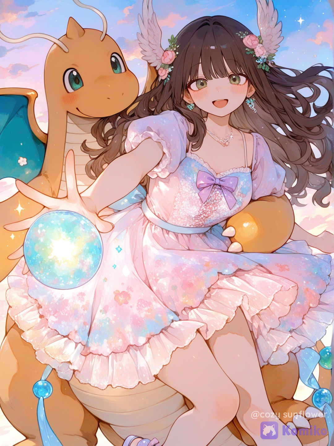 MeekMeek, megadragonite, Create a beautiful 3:4 vertical fantasy illustration featuring Meek Meek and Mega Dragonite. Use the provided references for both characters as strong visual anchors. MEEK MEEK Meek Meek is a beautiful 28-year-old woman. Preserve her recognizable appearance from the reference, especially her mature facial structure, warm brown/hazel eyes, long dark brown hair, skin tone, and distinctive features. Translate her naturally into a sophisticated Premium Painterly Korean Webtoon 2.0 illustration style. She should remain immediately recognizable as the woman in the reference. Give her a radiant, genuinely joyful smile. Her expression should feel warm, affectionate, and completely delighted to be with Mega Dragonite. Her long dark brown hair streams dramatically through the air, with a few small pastel flowers woven into it. OUTFIT Dress Meek Meek in an exceptionally beautiful pastel knee-length sundress designed specifically for this scene. The dress has:
- a romantic floral bodice
- delicate shoulder straps
- a defined waist
- a large elegant lavender-pink bow at the waist
- a full knee-length skirt
- many overlapping layers of lightweight chiffon
- cascading ruffled tiers
- delicate lace edging
- tiny watercolor floral patterns Use a dreamy palette of blush pink, peach, lavender, powder blue, ivory, and subtle mint. The layered skirt should billow beautifully through the air while maintaining its elegant knee-length dress silhouette. Add delicate pastel shoes, subtle feminine jewelry, and small floral hair accessories. MEGA DRAGONITE Preserve Mega Dragonite's design closely from the provided reference. Mega Dragonite should be significantly larger than Meek Meek, creating the feeling that she is happily hugging a huge, lovable Pokémon. Pay special attention to Mega Dragonite's distinctive anatomy. Its enormous cream-colored feathered wings emerge directly from its HEAD. These large head wings should sweep dramatically upward and outward and create one of the major silhouettes of the composition. Also preserve:
- orange body
- cream belly
- teal eyes
- small teal back wings
- horn
- claws
- rounded body proportions
- long curling tail
- distinctive glowing multicolored orb at the end of its tail POSE Use the provided Mega Dragonite card artwork as inspiration for the energy and pose. Mega Dragonite is soaring joyfully through the sky with its body slightly leaned backward and its round belly pushed forward. It has an enormous open-mouth happy expression. One arm reaches dramatically upward and toward the viewer, creating playful foreshortening. Its other limbs trail naturally through the flying motion. Its enormous cream head wings spread upward around its head. Its tail curves gracefully through the lower composition, with the glowing orb clearly visible. MEEK MEEK'S POSE Meek Meek is hugging Mega Dragonite FROM THE FRONT while they fly together. She wraps both arms affectionately around the front of Mega Dragonite's upper chest and neck. Her body floats naturally alongside the front of Mega Dragonite rather than riding on its back. She is being carried along by Mega Dragonite's joyful momentum. Her hair and layered pastel dress stream backward through the air. The interaction should feel spontaneous and extremely affectionate, like Meek Meek couldn't resist throwing her arms around this enormous happy creature. COMPOSITION Mega Dragonite is the dominant central figure. Meek Meek is the emotional focal point. Keep both characters large in frame. Their faces and embrace should be immediately readable. Create strong depth and movement while maintaining an elegant, uncluttered composition. BACKGROUND Place them in an extraordinary pastel fantasy sky inspired by luxurious collectible-card illustration artwork. Surround them with:
- cotton-candy pink clouds
- powder blue sky
- cyan and turquoise accents
- lavender
- peach
- warm ivory
- pale golden sunlight
- pearlescent atmospheric gradients
- flowing translucent pink and blue magical ribbons
- elegant golden star shapes
- soft celestial light
- a luminous pearlescent orb high in the sky Include a small number of elegant Dragonair drifting through the surrounding clouds at different depths. The Dragonair are supporting background characters and should never compete visually with Meek Meek or Mega Dragonite. ART STYLE Premium Painterly Korean Webtoon 2.0 Style is the dominant visual style. Blend in a smaller amount of Premium Hyper-Anime Pop for the magical color palette and energetic presentation. Use:
- sophisticated Korean webtoon character rendering
- elegant facial anatomy
- luxurious painterly anime shading
- expressive eyes
- smooth dimensional skin rendering
- richly flowing hair
- beautifully rendered chiffon, lace, and ruffles
- soft cinematic lighting
- controlled glossy highlights
- strong atmospheric depth
- dynamic but elegant foreshortening
- clean silhouettes
- premium collectible illustration quality The pastel colors should be vibrant and luminous without becoming neon or overwhelming. BEAUTY FIRST, STORY SECOND. The image should feel joyful, affectionate, dreamy, magical, feminine, and extraordinarily beautiful. Keep the composition visually rich but never visually dirty or overcrowded. Use extremely clean rendering. Skin should remain smooth while preserving dimensional shading.
Hair should remain sharply without artificial grain.
Sky gradients should be clean and silky.
Dark areas should remain clean and free of random colored texture.
Fabric patterns should remain coherent and intentional.
Keep hands, fingers, faces, limbs, clothing, wings, and character anatomy clean and readable. Final feeling:
A breathtaking premium pastel fantasy illustration of Meek Meek joyfully hugging a gigantic Mega Dragonite as they soar together through a magical sky. 3:4 vertical portrait.
Full-frame illustration.
No card border.
No interface.
No text.
No logo.
No numbers., [sweet-painting-style]