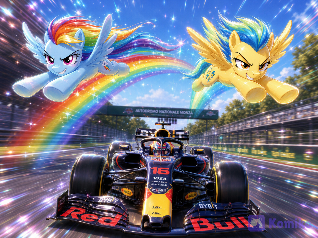 [iridescent-style], @Rainbow_Dash_(Mlp), sonrisa amplia muy confiada y frunciendo el ceño,patas delanteras extendidas hacia adelante,volando rápidamente con alas extendidas dejando una estela arcoiris detrás. Lightning Dust es una Pegaso de color amarillo dorado con melena azul y verde, ojos ámbar y cutie mark con relámpagos en el flanco,con una sonrisa arrogante y peligrosa,patas delanteras extendidas hacia adelante,con ojos entrecerrados y alas extendidas volando rápidamente,dejando una estela azul y verde detrás. Vehículo de fórmula uno de la marca Red Bull del año 2026 con el número 16 y un piloto conduciéndolo,con casco de Red Bull,el fórmula uno corre a toda velocidad en la recta del círculo de Monza. Full body, portrait, sparkle