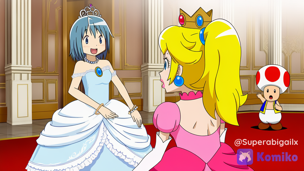 [pop-anime-style], anime coloring, anime screencap, @Miki_Sayaka, princess gown, platform shoes, ruffles, silk, lace, crown, bracelet, earrings, necklace, diamonds, pearls, loose hair, long hair hair ribbon, smile, @Princess_Peach, pink gown, pink choker, rose on princess peach’s hair, high ponytail, shocked in a ballroom with, @Toads_(Mario) castle ballroom