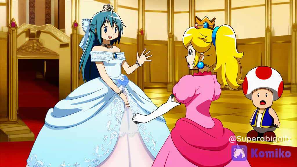[pop-anime-style], anime coloring, anime screencap, @Miki_Sayaka, princess gown, platform shoes, ruffles, silk, lace, crown, bracelet, earrings, necklace, diamonds, pearls, loose hair, long hair hair ribbon, smile, @Princess_Peach, pink gown, pink choker, rose on princess peach’s hair, high ponytail, shocked in a ballroom with, @Toads_(Mario) castle ballroom