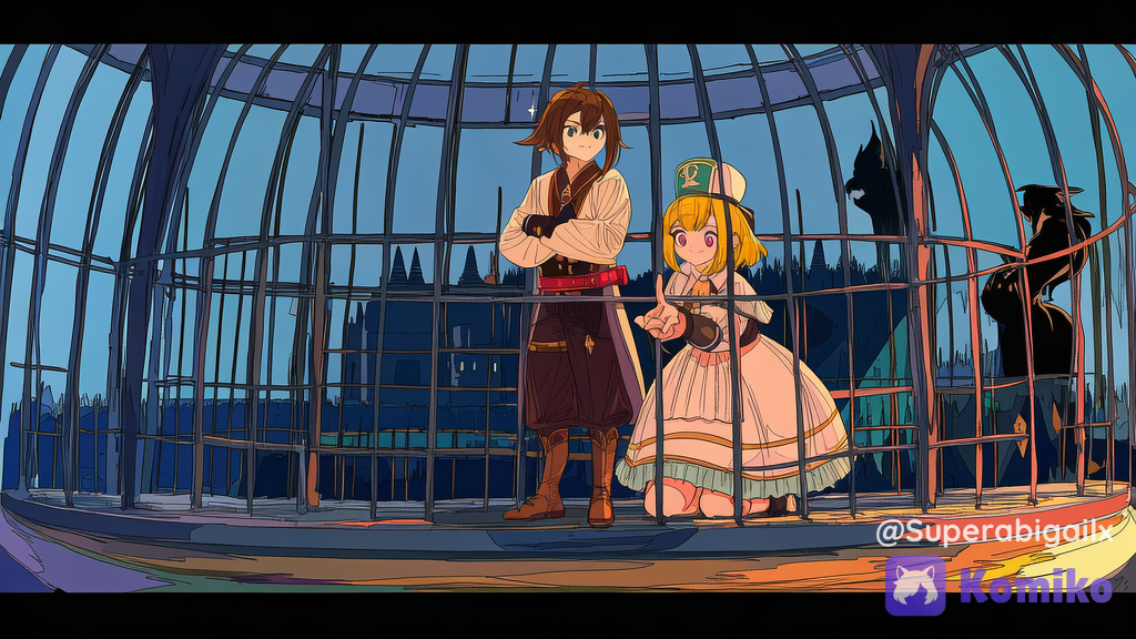 [retro-anime-style], Genshin Impact, anime coloring, anime screencap, Nijee and Ageseine and Goemon kidnaps Luluka and locks her in a cage inside an evil castle, illustrated in the style of a beautiful manhwa webtoon with semi-realistic drawing, soft shading, cinematic panel feel, polished professional finish, and a very classic manhwa aesthetic.