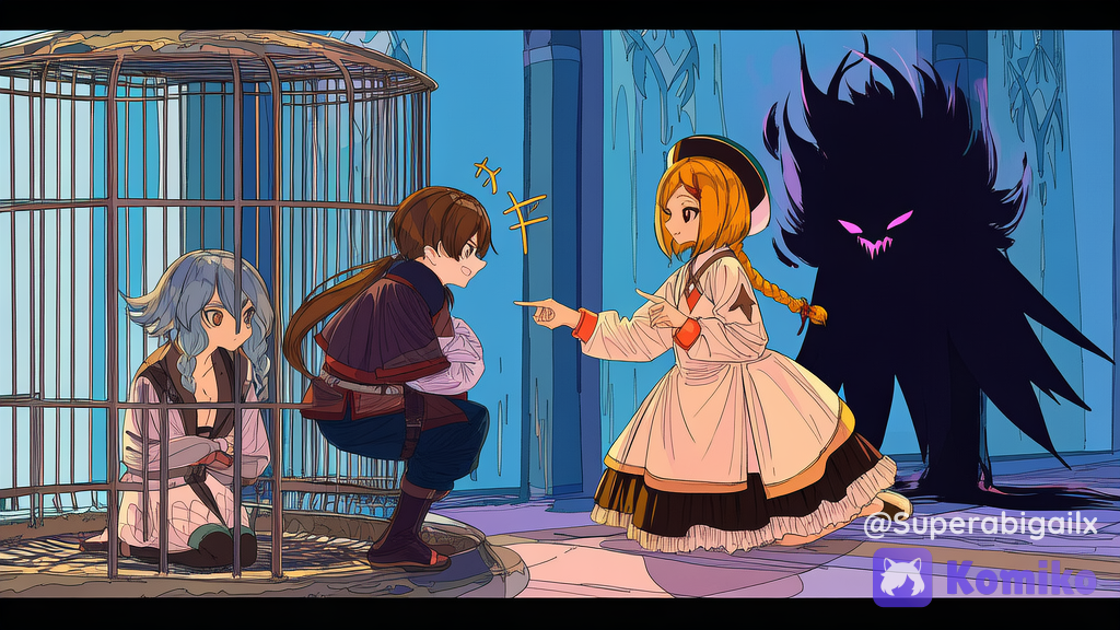 [retro-anime-style], Genshin Impact, anime coloring, anime screencap, Nijee and Ageseine and Goemon kidnaps Luluka and locks her in a cage inside an evil castle, illustrated in the style of a beautiful manhwa webtoon with semi-realistic drawing, soft shading, cinematic panel feel, polished professional finish, and a very classic manhwa aesthetic.