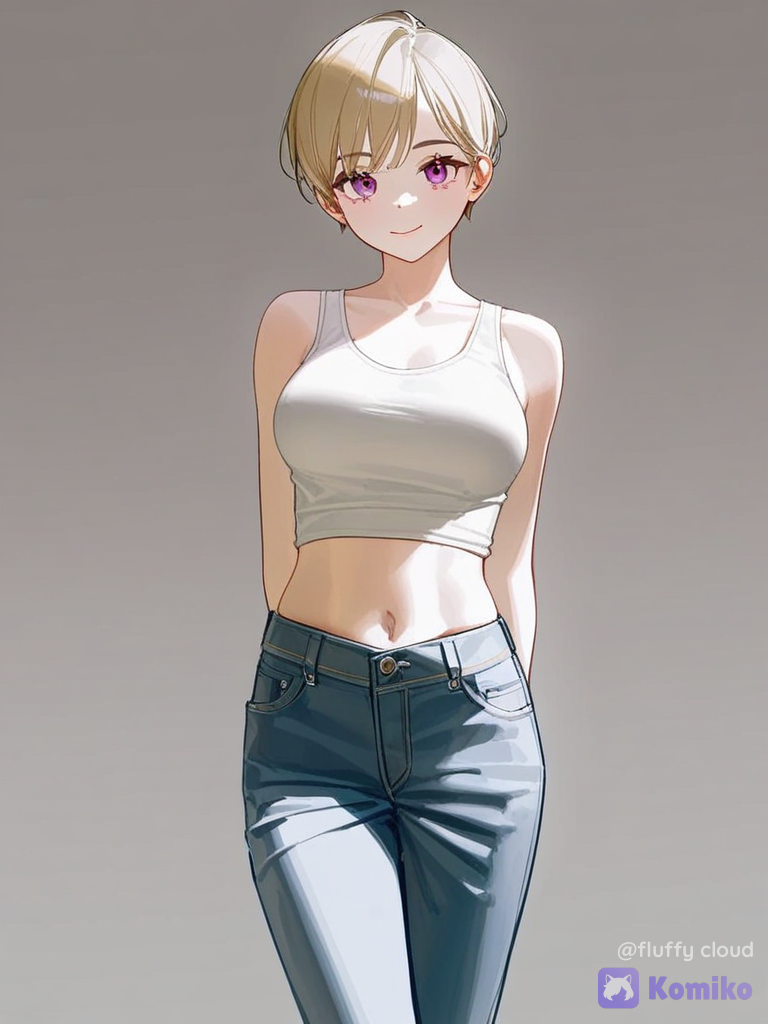 [lacquered-illustration-style], 3d, 1girl, solo, smile, tank top, lowrise pants, casual pants, looking at viewer, blonde hair, pixie cut