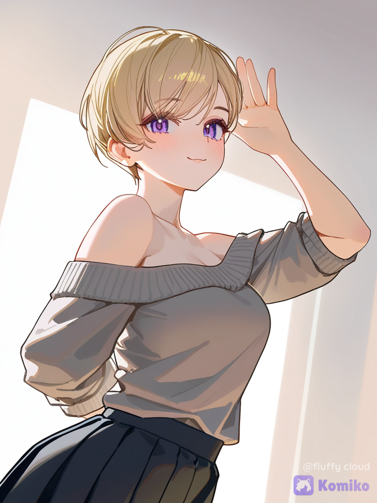 1girl, solo, 3d, blonde hair, pixie cut, blush, off-shoulder sweater, lowrise pants, pleated skirt, headshot, looking at viewer, eyes, lips, soft lighting[lacquered-illustration-style], waving