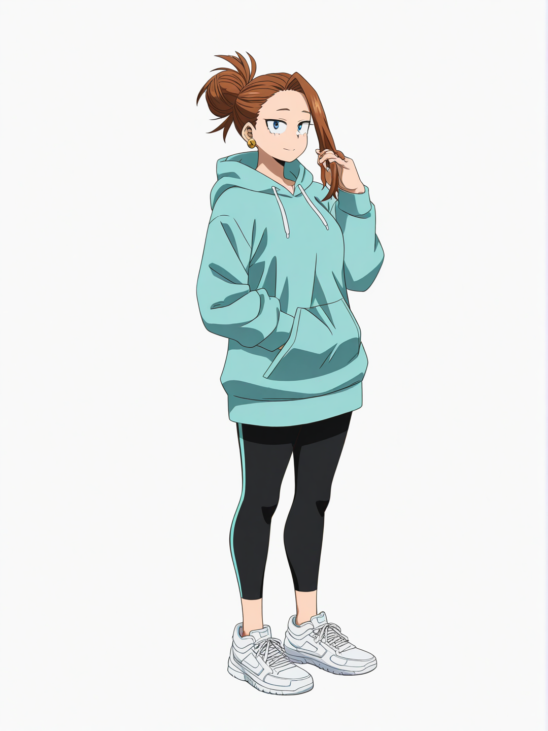 [pop-anime-style]1girl, My Hero Academia, mature, brown hair, long hair, high bun, blue eyes, fair skin, mint colored hoodie, black leggings, white tennis shoes, earrings, single character, full body, looking at viewer, anime style, simple background, white background