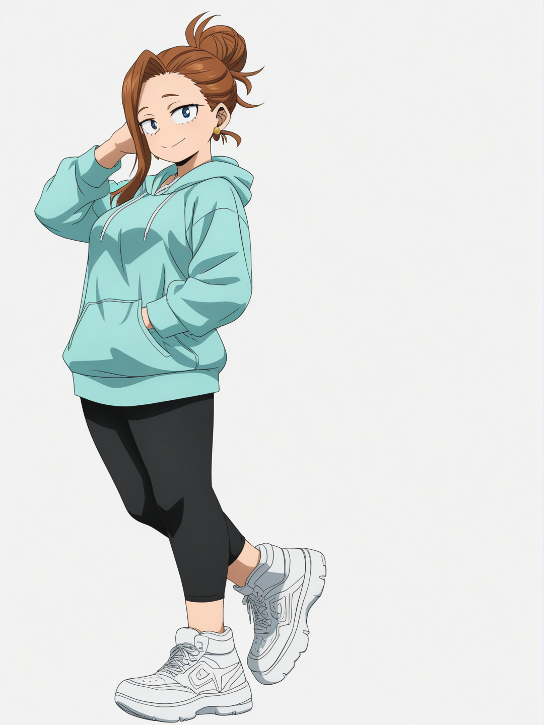 [pop-anime-style]1girl, My Hero Academia, mature, brown hair, long hair, high bun, blue eyes, fair skin, mint colored hoodie, black leggings, white tennis shoes, earrings, single character, full body, looking at viewer, anime style, simple background, white background