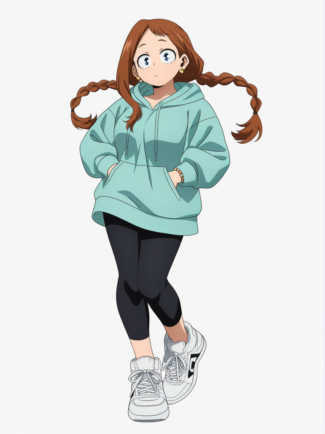 [pop-anime-style]1girl, My Hero Academia, mature, brown hair, long hair, braids, blue eyes, fair skin, mint hoodie, black leggings, white tennis shoes, earrings, single character, full body, looking at viewer, anime style, simple background, white background