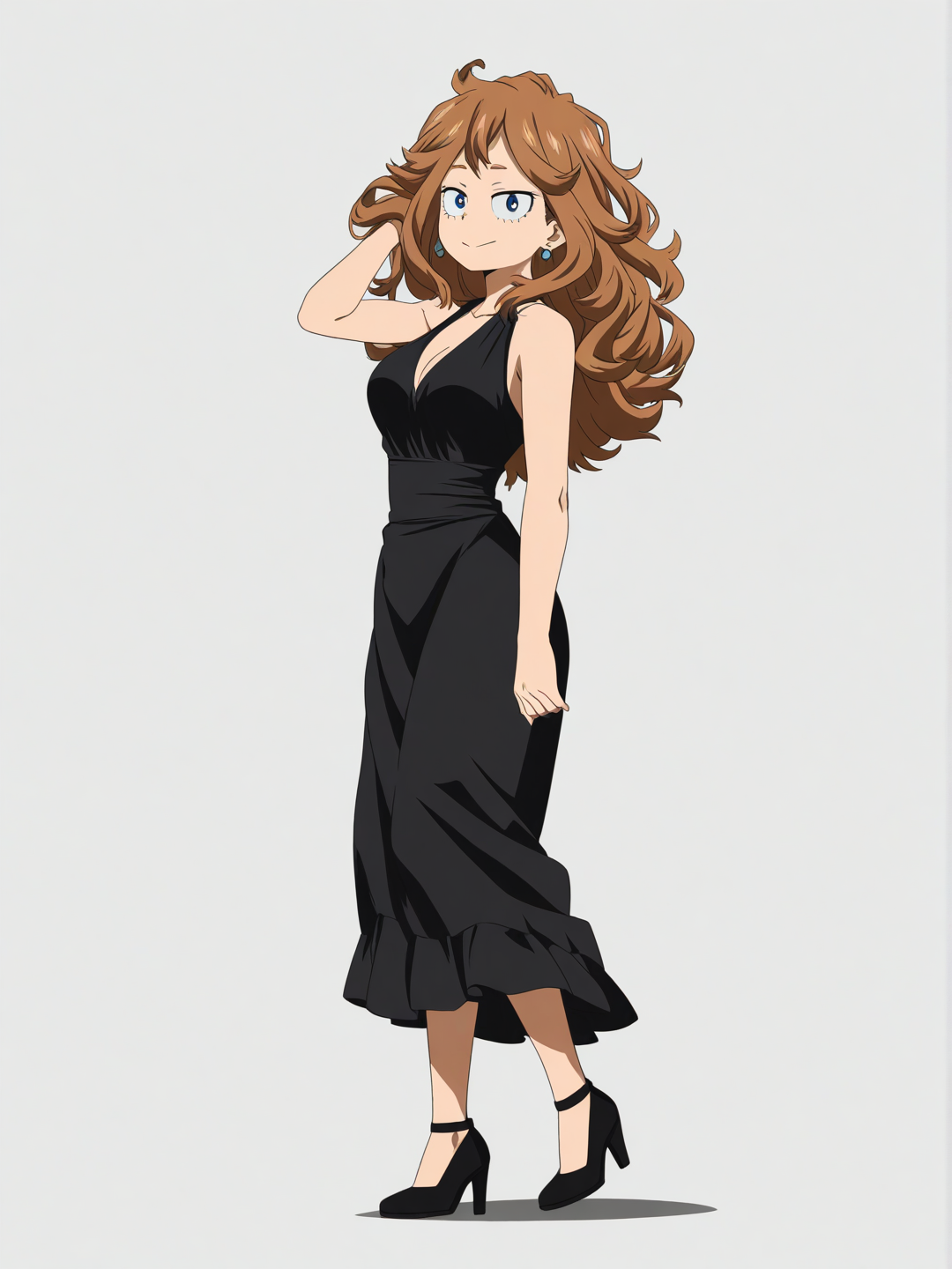 [pop-anime-style]1girl, My Hero Academia, brown hair, long hair, curly hair, blue eyes, fair skin, black evening dress, black heels, earrings, single character, full body, looking at viewer, anime style, simple background, white background