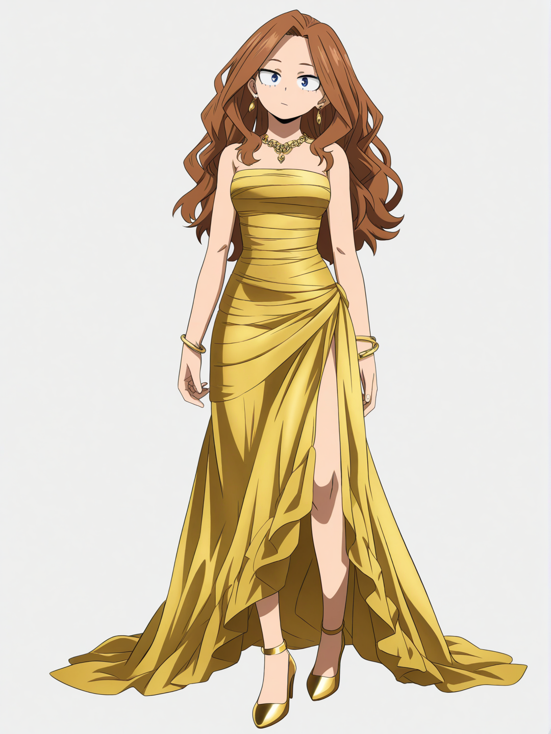 [pop-anime-style]1girl, My Hero Academia, brown hair, wavy hair, long hair, blue eyes, fair skin, gold strapless gown, gold heels, earrings, necklace, bracelet, single character, full body, looking at viewer, anime style, simple background, white background