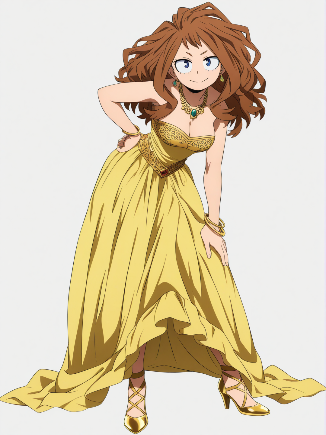 [pop-anime-style]1girl, My Hero Academia, brown hair, wavy hair, long hair, blue eyes, fair skin, gold strapless gown, gold heels, earrings, necklace, bracelet, single character, full body, looking at viewer, anime style, simple background, white background