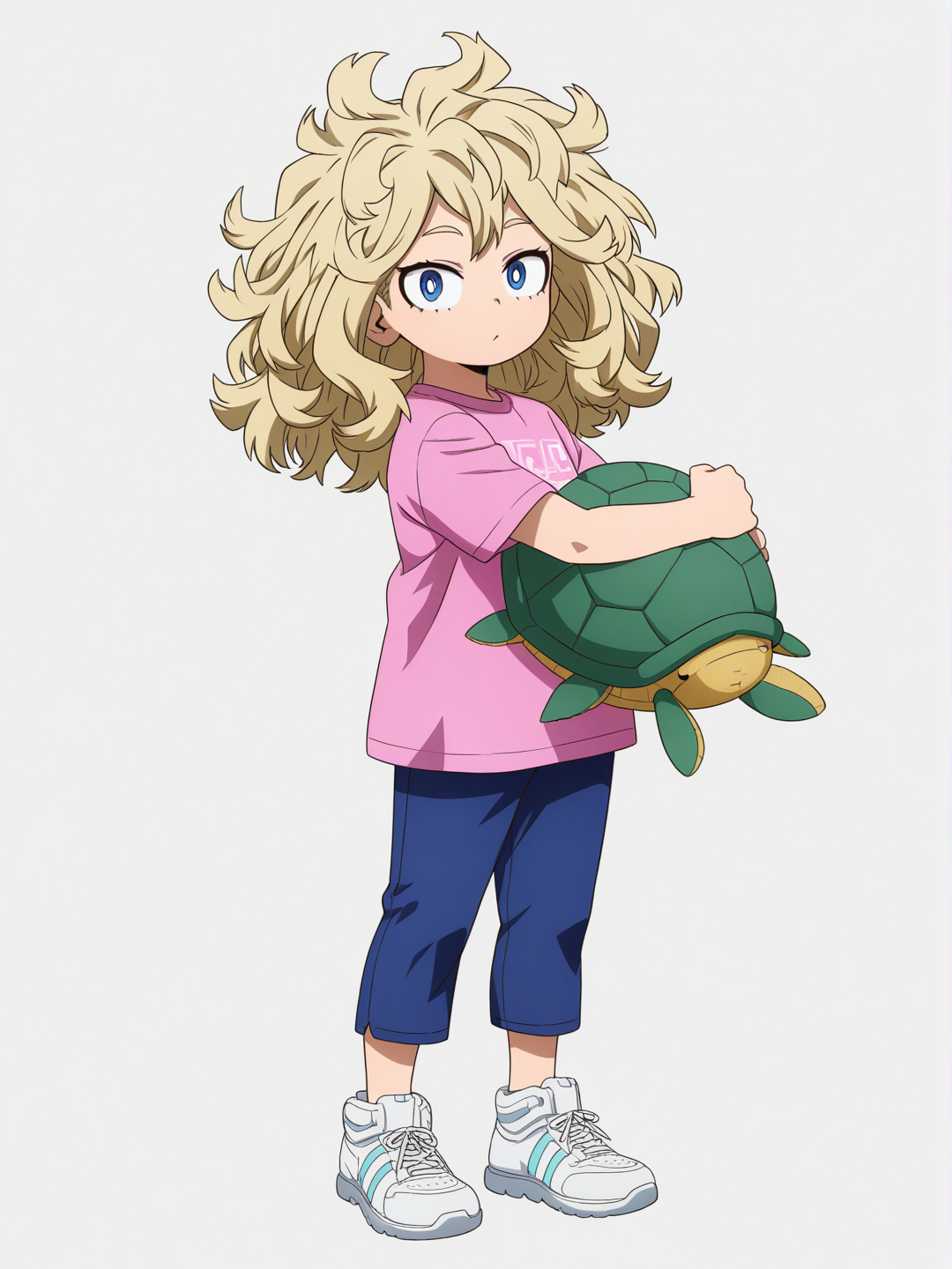 [pop-anime-style]1girl, my_hero_academia, child, long_hair, blonde_hair, curly_hair, blue_eyes, fair_skin, pink_t-shirt, blue_pants, white_tennis_shoes, holding_stuffed_turtle, single character, full body, looking at viewer, anime style, simple background, white background