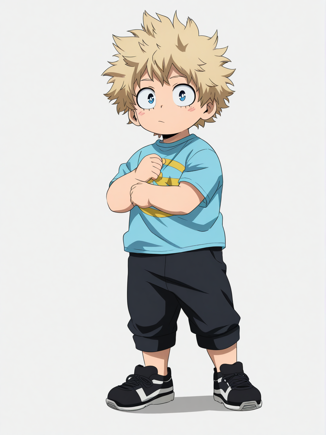 [pop-anime-style]1boy, my hero academia, toddler, short hair, blonde hair, blue eyes, fair skin, blue t-shirt, black pants, black tennis shoes, single character, full body, looking at viewer, anime style, simple background, white background