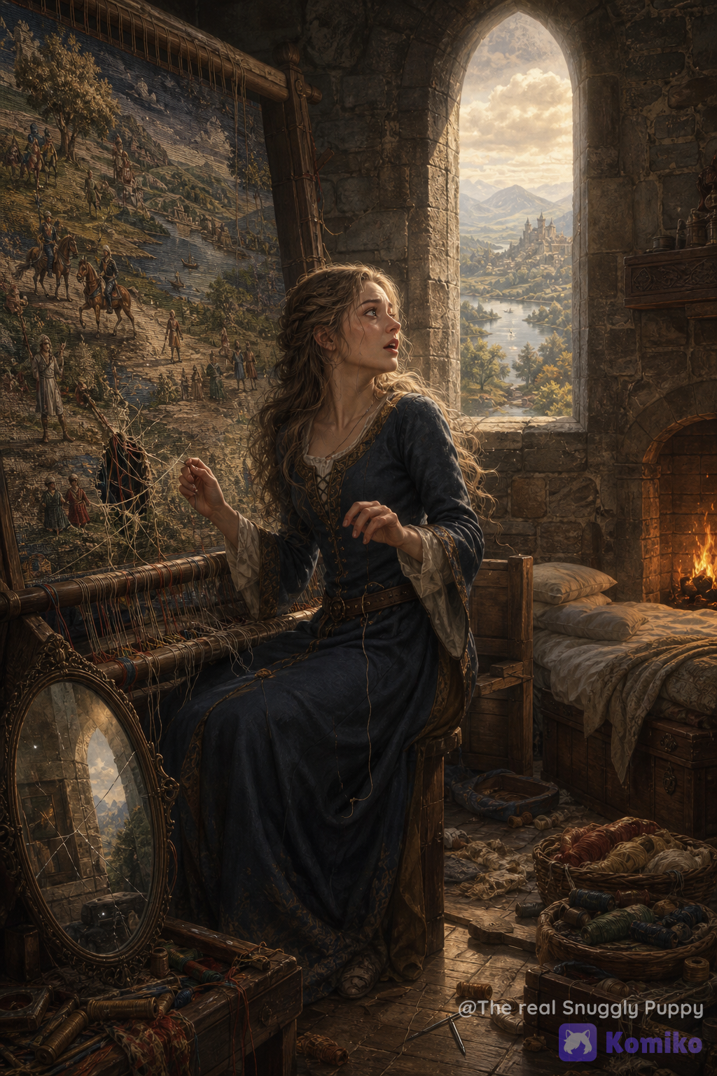 Use this prompt. Attention aux couleurs et au constrate. Respecte fidèlement le prompt. use @emilie-p2ku as model.
Une scène inspirée de The Lady of Shalott d'Alfred, Lord Tennyson, représentant l'instant précis où la malédiction se déclenche : après avoir vécu isolée dans sa tour et n'avoir connu le monde qu'à travers son miroir et sa tapisserie, la Dame de Shalott entend soudain l'appel du monde extérieur, tourne la tête vers la fenêtre et regarde enfin directement la réalité. Elle sait immédiatement qu'elle vient de franchir l'interdit et que son destin funeste est désormais inévitable. La scène doit exprimer simultanément la joie bouleversante de découvrir enfin le monde et la détresse profonde de comprendre qu'elle va mourir.
Composition générale
Cadrage cinématographique vertical, plan large à mi-distance permettant de montrer simultanément Emilie, la tapisserie, le métier à broder, la fenêtre de la tour, la cheminée, le lit et une grande partie de la chambre.
La composition doit donner l'impression que tout l'univers de la Dame est en train de basculer autour d'elle.
Emilie constitue le point focal humain de l'image, placée légèrement hors du centre, entre son métier à broder et la fenêtre.
Elle vient de tourner brusquement la tête vers le monde extérieur.
Son corps reste encore orienté vers la tapisserie tandis que son visage et son regard se dirigent vers la fenêtre : son mouvement doit clairement exprimer l'instant de rupture entre son ancienne existence et le monde réel.
Une main tient encore instinctivement son aiguille et son fil ; l'autre s'est légèrement détachée du travail dans un geste de surprise.
Quelques fils sont tombés de ses mains.
Le mouvement doit être naturel, comme si elle avait réagi spontanément à quelque chose qu'elle vient de voir ou d'entendre.
Nothing should look posed.
Emilie — La Dame de Shalott
Utiliser @emilie-p2ku comme modèle, en conservant fidèlement ses traits, son visage et son identité visuelle.
Cheveux bruns clairs parcourus de mèches grises et blanches, longs et légèrement ondulés, coiffés simplement dans un style médiéval crédible. Une partie de la chevelure est retenue par quelques tresses fines et discrètes, tandis que plusieurs mèches se sont échappées autour de son visage sous l'effet de son mouvement soudain.
Son visage doit être extrêmement expressif.
Elle est à la fois heureuse et profondément terrifiée.
Ses yeux sont grands ouverts, brillants d'émerveillement devant le monde qu'elle découvre enfin. On doit y percevoir une véritable joie : elle voit pour la première fois quelque chose qu'elle désirait depuis toujours.
Mais cette joie est immédiatement traversée par la compréhension de son destin.
Ses sourcils et la tension autour des yeux expriment l'incertitude et la détresse.
Ses lèvres sont légèrement entrouvertes, comme si elle venait de retenir un souffle.
Une larme discrète peut apparaître au coin d'un œil, mais sans transformer la scène en mélodrame.
Expression extrêmement subtile : émerveillement, bonheur, peur, tristesse et résignation réunis dans un même visage.
Elle comprend qu'elle vient de briser la règle.
Elle sait que tout est désormais terminé.
Vêtements
Emilie porte une tenue médiévale élégante mais relativement simple, correspondant à une femme noble vivant isolée dans une tour.
Pas de robe de princesse extravagante. Pas de pauvreté non plus.
Une longue robe en tissu naturel de qualité, dans une palette de bleu nuit, gris ardoise et brun profond, avec des bordures brodées très discrètes en fil doré ancien.
Corsage ajusté mais sobre.
Manches longues avec des poignets légèrement travaillés.
Sous-robe ivoire visible au niveau du col et des poignets.
Ceinture médiévale simple en cuir brun avec une petite boucle métallique vieillie.
La matière doit sembler authentique : laine fine, lin et tissu légèrement satiné par endroits.
Les vêtements présentent de petites traces d'usure cohérentes avec une vie quotidienne passée à travailler devant un métier à tisser.
La tapisserie
La tapisserie constitue l'un des éléments les plus importants de l'image.
Elle doit occuper une partie considérable du mur et du métier à tisser.
C'est une immense tapisserie médiévale en cours de réalisation, extrêmement détaillée.
Elle représente le monde extérieur que la Dame ne peut normalement connaître que par son reflet et par son travail.
On y distingue une succession de scènes :
chevaliers chevauchant dans une campagne verdoyante ;
nobles dames dans des jardins ;
couples marchant près d'une rivière ;
bateaux sur l'eau ;
forêts ;
villages ;
tours et châteaux ;
oiseaux ;
fleurs ;
animaux sauvages ;
procession de voyageurs ;
ciel lumineux ;
montagnes lointaines.
La tapisserie doit avoir l'apparence d'une véritable œuvre médiévale : laine et fils de différentes épaisseurs, couleurs légèrement irrégulières, motifs minutieusement brodés, zones encore inachevées.
Certains éléments sont très détaillés tandis que d'autres ne sont encore qu'esquissés par quelques fils.
La tapisserie représente symboliquement le monde vu indirectement.
La rupture dans la tapisserie
Une partie essentielle de la scène est que la tapisserie commence elle aussi à se fissurer symboliquement.
Au moment où Emilie tourne la tête vers la fenêtre, plusieurs fils se sont détendus.
Certains fils pendent librement.
Une zone de la tapisserie commence à se défaire.
Une petite déchirure apparaît dans une partie représentant le monde extérieur.
Quelques fils rouges, dorés, verts et bleus se détachent et pendent dans le vide.
L'impression doit être subtile : pas une destruction magique spectaculaire, mais le travail de toute une vie qui commence à se défaire parce qu'elle vient de regarder directement la réalité.
Le miroir
Un ancien miroir médiéval se trouve près du métier à tisser.
Sa surface reflète encore partiellement la chambre, mais son reflet commence à devenir instable.
On peut percevoir des fragments du monde extérieur dans le miroir, légèrement déformés.
Le miroir doit évoquer la frontière entre l'image indirecte du monde et la réalité que la Dame vient enfin de regarder.
Une très fine fissure traverse sa surface.
Elle n'est pas encore complètement brisée.
La fenêtre
La fenêtre est une étroite fenêtre typique d'une tour médiévale, profondément enchâssée dans l'épaisseur du mur.
Elle possède une ouverture étroite en arc légèrement ogival.
Aucun grand vitrail romantique.
La pierre autour de la fenêtre est brute, massive, ancienne.
À travers cette petite ouverture apparaît soudain un monde immense.
Le contraste est essentiel :
l'intérieur est sombre, fermé, minéral et étroit ; l'extérieur est vaste, lumineux, vivant et presque irréel.
Le paysage extérieur
Le paysage doit être traité dans l'esprit des arrière-plans de Léonard de Vinci : perspective atmosphérique, montagnes bleutées qui s'estompent progressivement dans la brume, rivière sinueuse, vallées verdoyantes, villages minuscules, tours lointaines et ciel lumineux.
Un fleuve serpente à travers la vallée.
On distingue un petit château médiéval sur une colline.
Quelques silhouettes minuscules se déplacent sur une route.
Des arbres dorés par le soleil bordent l'eau.
Des montagnes bleu-gris disparaissent progressivement dans une brume presque argentée.
Le paysage doit paraître immense par rapport à la petite fenêtre, renforçant le sentiment que toute une existence attendait juste derrière ces murs.
Une lumière dorée venue de l'extérieur entre dans la chambre pour la première fois.
Chambre de la tour
La chambre est entièrement construite en pierre médiévale brute.
Murs épais, blocs irréguliers, joints anciens, traces d'humidité et de vieillissement.
Une cheminée en pierre occupe un côté de la pièce.
Un feu véritable y brûle encore.
La cheminée apporte une lumière orange et ambre chaleureuse.
À côté se trouve un lit médiéval simple mais confortable : structure en bois sombre, couverture en laine, draps ivoire, coussins modestes.
Quelques coffres anciens sont disposés contre le mur.
L'essentiel de la pièce est cependant occupé par :
le métier à tisser ;
la gigantesque tapisserie ;
les bobines de fils ;
paniers de laine ;
aiguilles ;
navettes ;
ciseaux ;
morceaux de tissu ;
fils suspendus ;
petits outils de broderie ;
écheveaux de laine de différentes couleurs ;
coussins de travail ;
parchemins et motifs préparatoires.
La chambre doit donner l'impression que toute la vie de la Dame a été consacrée à fabriquer cette image du monde.
Palette
Palette soigneusement construite autour de trois familles de couleurs.
Intérieur : bruns sombres, gris ardoise, noir bleuté, bronze ancien.
Feu : orange profond, ambre, cuivre, rouge sombre.
Extérieur : bleu brumeux, vert tendre, or pâle, turquoise très subtil, rose doré du ciel.
Le contraste doit être particulièrement fort entre :
la chambre sombre et chaude
et
le monde extérieur lumineux, froid et doré.
La lumière de la fenêtre doit progressivement envahir l'intérieur, comme si le monde extérieur était en train de pénétrer dans sa prison.
Symbolisme
Quelques détails doivent raconter silencieusement son destin.
Un fil rouge s'est détaché de la tapisserie.
Une aiguille est tombée sur le sol.
Une petite partie de la tapisserie se défait.
Le miroir présente une première fissure.
Le feu de la cheminée continue de brûler paisiblement, indifférent au drame.
La lumière extérieure touche le visage d'Emilie pour la première fois.
Elle est heureuse parce qu'elle voit enfin le monde, mais cette découverte est précisément ce qui la condamne.
Le spectateur doit comprendre son destin sans avoir besoin d'un texte explicatif.
Lumière
Éclairage cinématographique à double source.
Lumière chaude du feu provenant de la cheminée : orange, ambre et cuivre, éclairant les pierres, le lit et les objets de travail.
Lumière naturelle froide et dorée provenant de la fenêtre, venant frapper le visage, les cheveux et les mains d'Emilie.
Les deux lumières se rencontrent sur son visage.
Le feu représente la vie qu'elle connaît.
La lumière de la fenêtre représente le monde qu'elle vient de découvrir.
Le contraste lumineux doit rendre visible son conflit intérieur.
Quelques particules de poussière flottent dans les rayons lumineux.
Atmosphère intime, mélancolique, tragique mais extraordinairement belle.
Style final
Hyperréalisme historique et fantasy littéraire, photographie cinématographique de très haute qualité mêlée à la richesse picturale de la Renaissance nordique et aux paysages atmosphériques de Léonard de Vinci.
Pas de fantasy kitsch.
Pas de château Disney.
Pas de costumes anachroniques.
Architecture médiévale crédible, textiles historiquement plausibles, outils de tissage détaillés, matériaux réalistes.
Realistic anatomy, natural facial expression, realistic hands, natural hair strands, historically inspired medieval clothing, authentic stone textures, extremely tapestry, individual embroidery threads, realistic wool fibers, medieval weaving tools, realistic fire, atmospheric perspective, volumetric light, cinematic depth of field, subtle film grain, painterly realism, dramatic composition, emotional storytelling, ultra-professional cinematic photography.
Negative prompt:
modern objects, modern architecture, fantasy princess costume, crown, excessive jewelry, armor, sexualized clothing, exposed body, glamour pose, smiling at camera, eye contact with viewer, static expression, theatrical posing, cartoon, anime, plastic textures, overly clean medieval room, generic tapestry, simplified embroidery, distorted hands, extra fingers, malformed anatomy, duplicated objects, modern window, stained-glass fantasy window, excessive magical effects, overly bright colors, melodramatic crying, horror aesthetic., [digital-painterly-style]