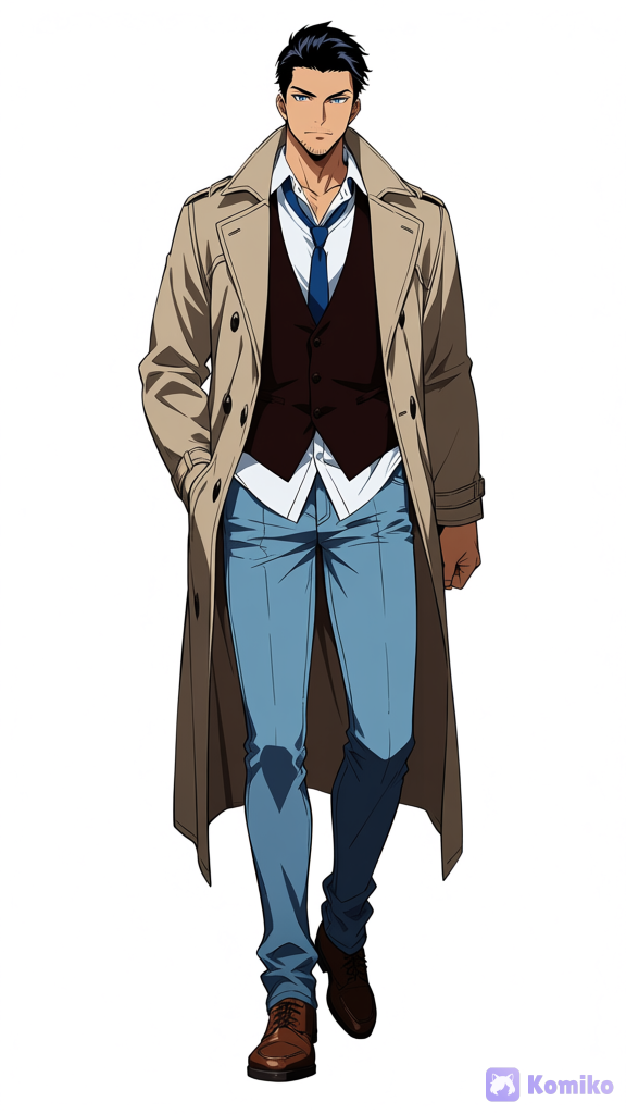 A full-body anime character design sheet of a very tall 194 cm man. He has short, neat, and well-styled jet-black hair, sharp blue eyes, slightly tanned skin, and a light stubble on his chin. He is wearing a long beige trench coat, open over a dark brown buttoned vest and an untucked white dress shirt with a loosened blue necktie. He is wearing light blue denim jeans and brown leather shoes. One hand is casually tucked in his coat pocket. Plain, solid minimalist white background to emphasize the character. Hyper-anime style, clean lines, high resolution. dark anime style, sharp linework, heavy shadows, high contrast lighting, glossy skin
