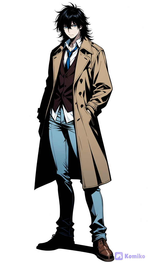 A full-body anime character design sheet of a very tall 194 cm man. He has medium-length jet-black hair styled,featuring a messy and shaggy middle-part that frames his face with textured curtain bangs, sharp blue eyes, fair, pale skin, and a light stubble on his chin. He is wearing a long beige trench coat, open over a dark brown unbuttoned vest that hangs open, revealing an untucked white dress shirt with a loosened blue necktie. He is wearing light blue denim jeans and brown leather shoes. One hand is casually tucked in his coat pocket. Plain, solid minimalist white background to emphasize the character. Hyper-anime style, clean lines, high resolution. dark anime style, sharp linework, heavy shadows, high contrast lighting, glossy skin