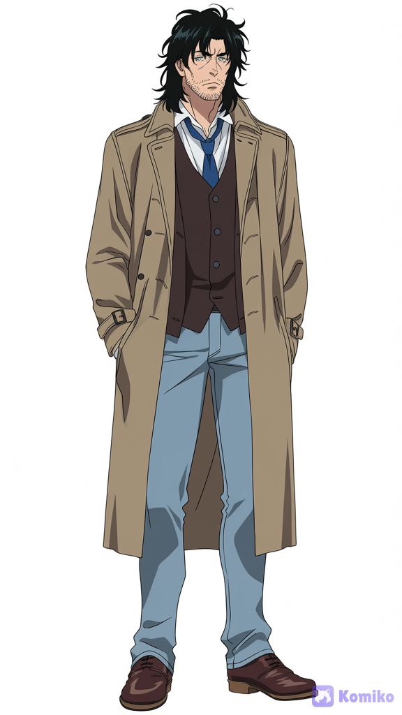 A full-body anime character design sheet of a handsome, rugged middle-aged man in his late 40s with a mature, weathered face. He is very tall at 194 cm. He has medium-length jet-black hair styled exactly with a messy, shaggy middle-part and curtain bangs. He has sharp blue eyes, fair but slightly creased skin showing character, and a prominent, unkempt light stubble and short beard on his chin and jawline, giving him a very cool, disheveled older-man look. He wears a long beige trench coat, open over a dark brown unbuttoned vest left open, a white dress shirt, and a loosened blue necktie. Light blue denim jeans and brown leather shoes. Plain, solid minimalist white background to emphasize the character. Hyper-anime style, high resolution.