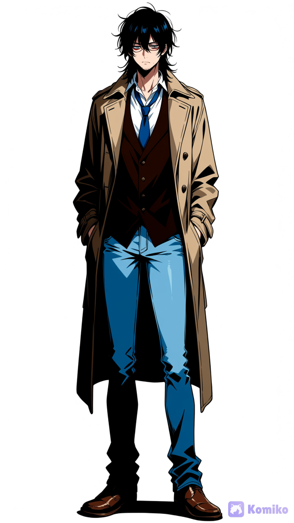 A full-body anime character design sheet of a handsome young man in his late 20s with a sharp, youthful face. He is very tall at 194 cm. He has noticeable dark circles and tired eye bags under his sharp blue eyes, giving him a distinct, disheveled, and sleepless cool look. He has medium-length jet-black hair styled exactly like Dante from Devil May Cry 5, with a messy, shaggy middle-part and curtain bangs. He has fair, smooth skin and a cool light stubble on his chin. He wears a long beige trench coat, open over a dark brown unbuttoned vest left open, a white dress shirt, and a loosened blue necktie. Light blue denim jeans and brown leather shoes. Plain, solid minimalist white background to emphasize the character. Hyper-anime style, high resolution. dark anime style, sharp linework, heavy shadows, high contrast lighting, glossy skin