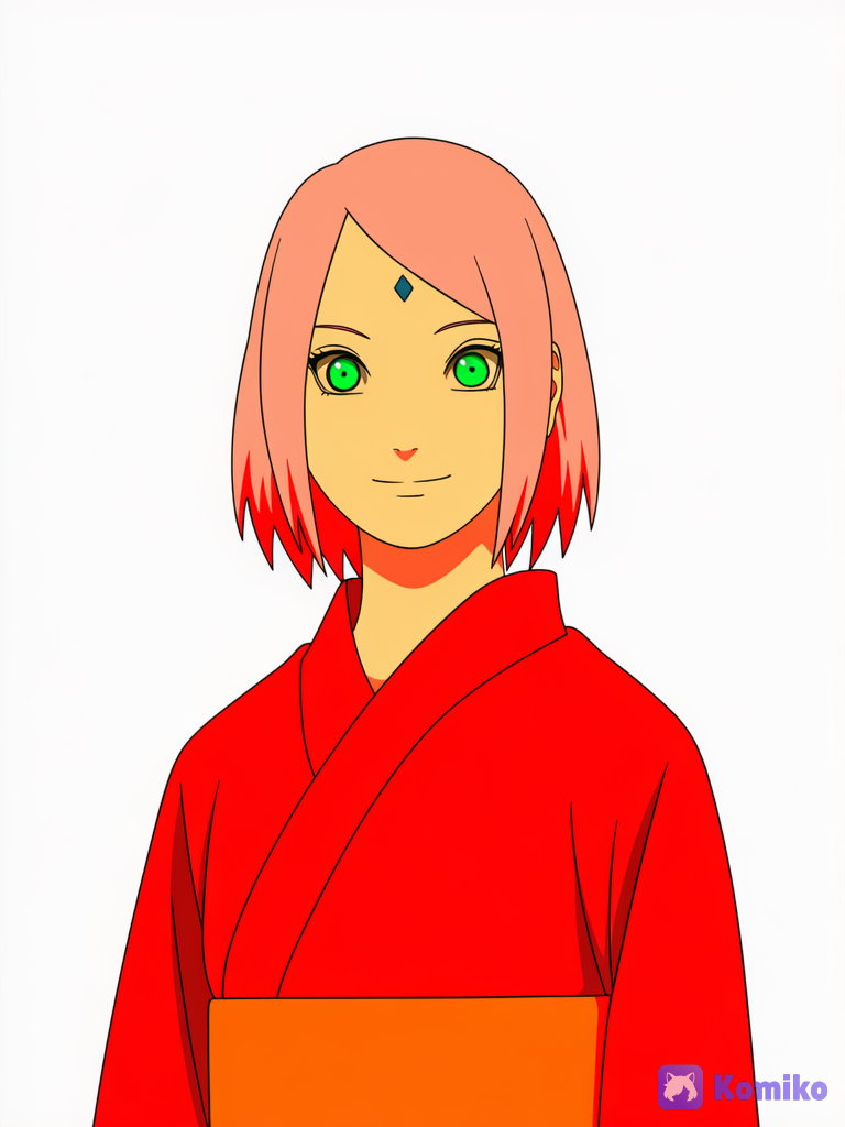 medium shot, 1girl, Haruno Sakura from Boruto, short pink hair, bright green eyes, diamond mark on forehead, cheerful smile, red yukata, standing, official Naruto style, art by Masashi Kishimoto, crisp clean black outlines, soft flat shading, vibrant saturated colors, warm skin tone, soft frontal lighting, no harsh shadows, plain white background, color illustration, official cover art, well-defined lines, precise details, colored pencil (medium), [ink-illustration]