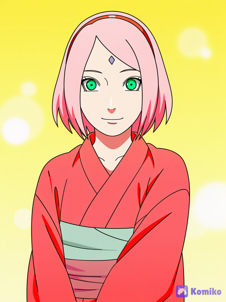 medium shot, 1girl, Haruno Sakura from Boruto, short pink hair, bright green eyes, diamond mark on forehead, cheerful smile, red yukata, standing, official Naruto style, art by Masashi Kishimoto, crisp clean black outlines, soft flat shading, vibrant saturated colors, warm skin tone, soft frontal lighting, no harsh shadows, Festival at night in the background, color illustration, official cover art, well-defined lines, precise details, colored pencil (medium), [ink-illustration]