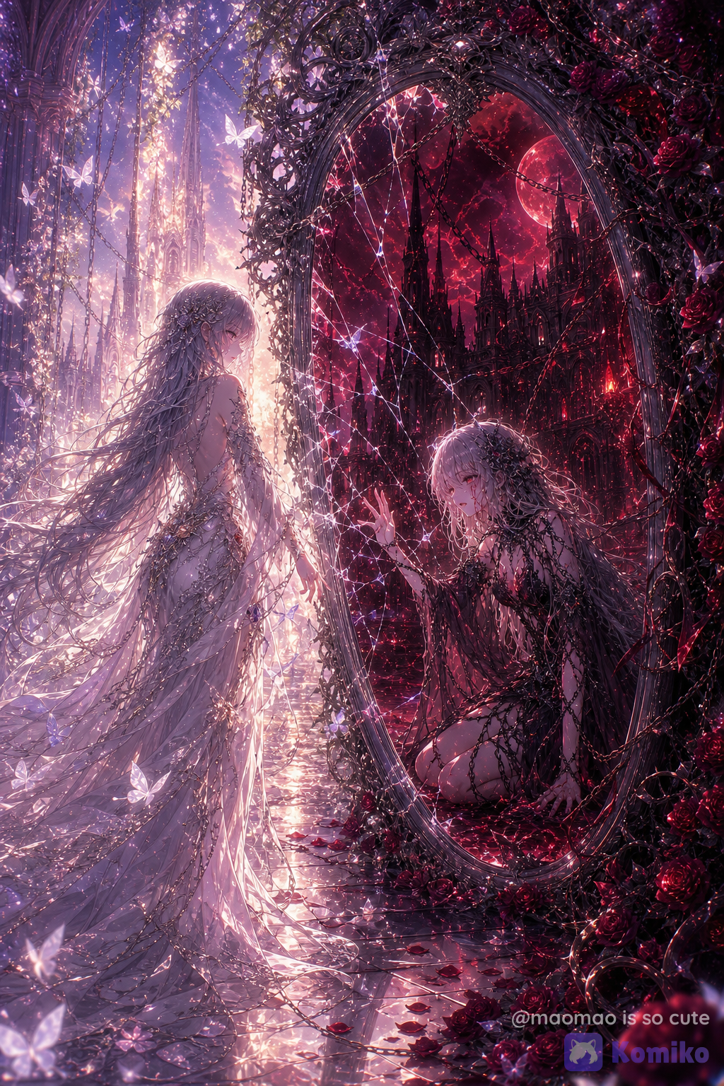 A breathtaking, highly dark-fantasy anime illustration depicting a single girl’s soul divided into two contrasting states, shown through an enormous ancient enchanted mirror. The two girls are NOT separate people — they are the exact same person, the same face, the same long silver-white hair, the same delicate features, represented at two different moments of her soul: one side has finally accepted death and is walking toward reincarnation, while the other side remains trapped in grief, regret, anger, and unresolved memories. At the center stands a gigantic, magnificent gothic mirror with an elaborate antique silver-black frame, intricate filigree, carved flowers, celestial ornaments, thorny vines, and several elegant chains wrapped around its edges. The mirror is slightly fractured, with delicate cracks spreading across the glass like fragments of fate. The mirror itself acts as a boundary between two completely different worlds. ON THE LEFT — THE RADIANT WORLD: A dazzling, heavenly realm filled with brilliant pearlescent light, warm champagne gold, ivory white, pale rose, lavender, and soft silver. The environment resembles an otherworldly palace beyond the afterlife, with enormous luminous arches, elegant cathedral-like architecture, distant celestial towers, crystalline floors, floating petals, glowing butterflies, and countless tiny particles of light drifting through the air. The silver-haired girl is standing upright and walking away from the mirror toward the radiant world. Her posture is graceful, mature, elegant, and completely composed. She does NOT look back. She walks forward without hesitation, as if she has finally accepted everything that happened in her previous life. Her expression is calm but subtly sorrowful — not smiling, not emotionless, but peaceful in a heartbreaking way. Her eyes are directed toward the bright world ahead rather than toward her other self. Her long silver-white hair flows beautifully behind her in the luminous wind. She wears an extraordinarily elegant ethereal gown made from layers of translucent silk, delicate lace, pearlescent fabric, and shimmering embroidery. The dress catches the surrounding light like moonlight on water. Tiny crystal-like ornaments and floral details decorate the gown without making it overly ornate. Her long train trails behind her like a stream of light, blending into the glowing atmosphere. White butterflies and pale flower petals surround her, symbolizing freedom, rebirth, forgiveness, and the final release of her soul. She must look like someone who has finally chosen to move forward. She does not reach backward. She does not hesitate. She simply walks toward the light. ON THE RIGHT — THE TRAPPED SOUL: Inside the opposite side of the mirror is a completely different world. The environment transforms into a haunting crimson Gothic nightmare filled with deep ruby red, blood-red, burgundy, dark magenta, violet-black, and subtle scarlet highlights. Behind her stands a vast gothic castle with enormous pointed towers, ruined arches, endless black corridors, thorn-covered structures, and an ominous crimson moon hanging in the sky. The same girl is sitting on the ground inside this dark realm. She is the exact same person as the girl on the left, but this version represents everything she could not let go of: grief, regret, guilt, anger, loneliness, resentment, and memories from her former life. She is sitting weakly on the floor, surrounded by fallen crimson roses and scattered fragments of glass. Her posture is desperate and emotionally exhausted. One trembling hand reaches toward the mirror as if desperately trying to stop her other self from leaving. Her face is filled with overwhelming sorrow. Tears stream down her cheeks, her eyes are reddened from crying, and her expression conveys the devastating realization that she is being left behind by the very person she used to be. She is not simply evil. She is tragic. She is the wounded part of the same soul that never received peace. Her dark transformation should feel elegant and haunting rather than monstrous. Her long silver-white hair remains recognizable, but it is tangled slightly by the wind and intertwined with dark thorn-like ornaments and delicate black ribbons. Her gown is a corrupted counterpart to the radiant girl's dress: an elaborate black-and-crimson Gothic dress with torn translucent layers, intricate lace, dark floral embroidery, subtle crimson reflections, and elegant ornamental details. The clothing should remain beautiful and sophisticated rather than revealing. Her expression should communicate a mixture of grief, desperation, regret, and quiet rage — a beautiful soul that has been broken by its own memories. THE MIRROR BETWEEN THEM: The most important visual element is the enormous enchanted mirror separating them. The radiant girl is physically outside the dark realm and walking toward the light. The dark girl remains on the other side, sitting on the floor and reaching desperately toward the mirror. Their hands almost meet through the fractured glass. The composition must make it immediately clear that they are one person. Their faces, eyes, hairstyles, facial proportions, and fundamental appearance should be unmistakably identical. The difference is purely symbolic: one has accepted and moved forward; the other is still trapped inside the pain of the past. The cracks in the mirror should visually connect their two worlds, with some cracks glowing white and others glowing deep crimson. Tiny floating glass fragments surround the boundary, reflecting both heavenly light and crimson darkness. SURROUNDING SYMBOLISM: Hundreds of delicate crimson roses grow around the dark side of the mirror, mixed with black thorny vines and elegant chains. Some roses are fully blooming while others are scattered across the ground as fallen petals. On the radiant side, white flowers, pale butterflies, glowing petals, crystalline plants, and soft celestial particles create a feeling of rebirth. The flowers from both worlds subtly intertwine around the mirror frame, suggesting that beauty and suffering were always part of the same life. A few delicate feathers and glowing particles drift across the boundary between the worlds. The floor is reflective and dreamlike, mirroring both the golden-white light and the crimson darkness. LIGHTING AND COLOR: Use extraordinarily rich, sophisticated color grading with a wide range of colors rather than relying on only white and red. The radiant world contains pearl white, champagne gold, ivory, pale pink, rose gold, lavender, soft violet, silver, and subtle cyan highlights. The dark world contains ruby, crimson, wine red, scarlet, burgundy, deep violet, magenta, black, and subtle rose-pink highlights. The center of the image should contain a beautiful transition where warm golden light meets crimson darkness, creating a surreal spectrum of violet, pink, and deep purple. The lighting should be cinematic, volumetric, luminous, dramatic, and dreamlike. Highly anime rendering, exquisite facial features, expressive eyes, extremely flowing hair, intricate fabric textures, delicate lace, realistic reflective glass, sophisticated gothic architecture, atmospheric depth, cinematic composition, dramatic perspective, magical particles, elegant fantasy aesthetics, ethereal beauty, tragic symbolism, emotional storytelling, quality, exceptionally polished linework, refined shading, rich color variation, breathtaking lighting, visually unforgettable. The overall mood should feel like a beautiful nightmare at the exact moment between death, reincarnation, memory, and letting go. No text, no title, no captions, no typography, no logo, no watermark, no signature, no border.