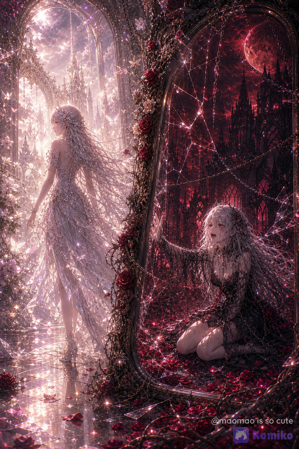 A breathtaking, highly dark-fantasy anime illustration depicting a single girl’s soul divided into two contrasting states, shown through an enormous ancient enchanted mirror. The two girls are NOT separate people — they are the exact same person, the same face, the same long silver-white hair, the same delicate features, represented at two different moments of her soul: one side has finally accepted death and is walking toward reincarnation, while the other side remains trapped in grief, regret, anger, and unresolved memories. At the center stands a gigantic, magnificent gothic mirror with an elaborate antique silver-black frame, intricate filigree, carved flowers, celestial ornaments, thorny vines, and several elegant chains wrapped around its edges. The mirror is slightly fractured, with delicate cracks spreading across the glass like fragments of fate. The mirror itself acts as a boundary between two completely different worlds. ON THE LEFT — THE RADIANT WORLD: A dazzling, heavenly realm filled with brilliant pearlescent light, warm champagne gold, ivory white, pale rose, lavender, and soft silver. The environment resembles an otherworldly palace beyond the afterlife, with enormous luminous arches, elegant cathedral-like architecture, distant celestial towers, crystalline floors, floating petals, glowing butterflies, and countless tiny particles of light drifting through the air. The silver-haired girl is standing upright and walking away from the mirror toward the radiant world. Her posture is graceful, mature, elegant, and completely composed. She does NOT look back. She walks forward without hesitation, as if she has finally accepted everything that happened in her previous life. Her expression is calm but subtly sorrowful — not smiling, not emotionless, but peaceful in a heartbreaking way. Her eyes are directed toward the bright world ahead rather than toward her other self. Her long silver-white hair flows beautifully behind her in the luminous wind. She wears an extraordinarily elegant ethereal gown made from layers of translucent silk, delicate lace, pearlescent fabric, and shimmering embroidery. The dress catches the surrounding light like moonlight on water. Tiny crystal-like ornaments and floral details decorate the gown without making it overly ornate. Her long train trails behind her like a stream of light, blending into the glowing atmosphere. White butterflies and pale flower petals surround her, symbolizing freedom, rebirth, forgiveness, and the final release of her soul. She must look like someone who has finally chosen to move forward. She does not reach backward. She does not hesitate. She simply walks toward the light. ON THE RIGHT — THE TRAPPED SOUL: Inside the opposite side of the mirror is a completely different world. The environment transforms into a haunting crimson Gothic nightmare filled with deep ruby red, blood-red, burgundy, dark magenta, violet-black, and subtle scarlet highlights. Behind her stands a vast gothic castle with enormous pointed towers, ruined arches, endless black corridors, thorn-covered structures, and an ominous crimson moon hanging in the sky. The same girl is sitting on the ground inside this dark realm. She is the exact same person as the girl on the left, but this version represents everything she could not let go of: grief, regret, guilt, anger, loneliness, resentment, and memories from her former life. She is sitting weakly on the floor, surrounded by fallen crimson roses and scattered fragments of glass. Her posture is desperate and emotionally exhausted. One trembling hand reaches toward the mirror as if desperately trying to stop her other self from leaving. Her face is filled with overwhelming sorrow. Tears stream down her cheeks, her eyes are reddened from crying, and her expression conveys the devastating realization that she is being left behind by the very person she used to be. She is not simply evil. She is tragic. She is the wounded part of the same soul that never received peace. Her dark transformation should feel elegant and haunting rather than monstrous. Her long silver-white hair remains recognizable, but it is tangled slightly by the wind and intertwined with dark thorn-like ornaments and delicate black ribbons. Her gown is a corrupted counterpart to the radiant girl's dress: an elaborate black-and-crimson Gothic dress with torn translucent layers, intricate lace, dark floral embroidery, subtle crimson reflections, and elegant ornamental details. The clothing should remain beautiful and sophisticated rather than revealing. Her expression should communicate a mixture of grief, desperation, regret, and quiet rage — a beautiful soul that has been broken by its own memories. THE MIRROR BETWEEN THEM: The most important visual element is the enormous enchanted mirror separating them. The radiant girl is physically outside the dark realm and walking toward the light. The dark girl remains on the other side, sitting on the floor and reaching desperately toward the mirror. Their hands almost meet through the fractured glass. The composition must make it immediately clear that they are one person. Their faces, eyes, hairstyles, facial proportions, and fundamental appearance should be unmistakably identical. The difference is purely symbolic: one has accepted and moved forward; the other is still trapped inside the pain of the past. The cracks in the mirror should visually connect their two worlds, with some cracks glowing white and others glowing deep crimson. Tiny floating glass fragments surround the boundary, reflecting both heavenly light and crimson darkness. SURROUNDING SYMBOLISM: Hundreds of delicate crimson roses grow around the dark side of the mirror, mixed with black thorny vines and elegant chains. Some roses are fully blooming while others are scattered across the ground as fallen petals. On the radiant side, white flowers, pale butterflies, glowing petals, crystalline plants, and soft celestial particles create a feeling of rebirth. The flowers from both worlds subtly intertwine around the mirror frame, suggesting that beauty and suffering were always part of the same life. A few delicate feathers and glowing particles drift across the boundary between the worlds. The floor is reflective and dreamlike, mirroring both the golden-white light and the crimson darkness. LIGHTING AND COLOR: Use extraordinarily rich, sophisticated color grading with a wide range of colors rather than relying on only white and red. The radiant world contains pearl white, champagne gold, ivory, pale pink, rose gold, lavender, soft violet, silver, and subtle cyan highlights. The dark world contains ruby, crimson, wine red, scarlet, burgundy, deep violet, magenta, black, and subtle rose-pink highlights. The center of the image should contain a beautiful transition where warm golden light meets crimson darkness, creating a surreal spectrum of violet, pink, and deep purple. The lighting should be cinematic, volumetric, luminous, dramatic, and dreamlike. Highly anime rendering, exquisite facial features, expressive eyes, extremely flowing hair, intricate fabric textures, delicate lace, realistic reflective glass, sophisticated gothic architecture, atmospheric depth, cinematic composition, dramatic perspective, magical particles, elegant fantasy aesthetics, ethereal beauty, tragic symbolism, emotional storytelling, quality, exceptionally polished linework, refined shading, rich color variation, breathtaking lighting, visually unforgettable. The overall mood should feel like a beautiful nightmare at the exact moment between death, reincarnation, memory, and letting go. No text, no title, no captions, no typography, no logo, no watermark, no signature, no border.