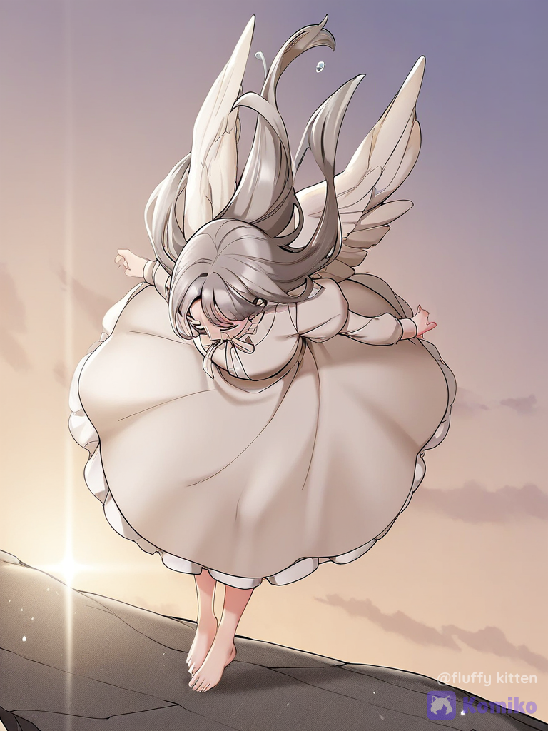 [manhwa-glamour-style], 1girl, falling, lolita outfit, from above, twilight, cliff, crying, ruffles, wings, silver hair, barefoot, ivory white