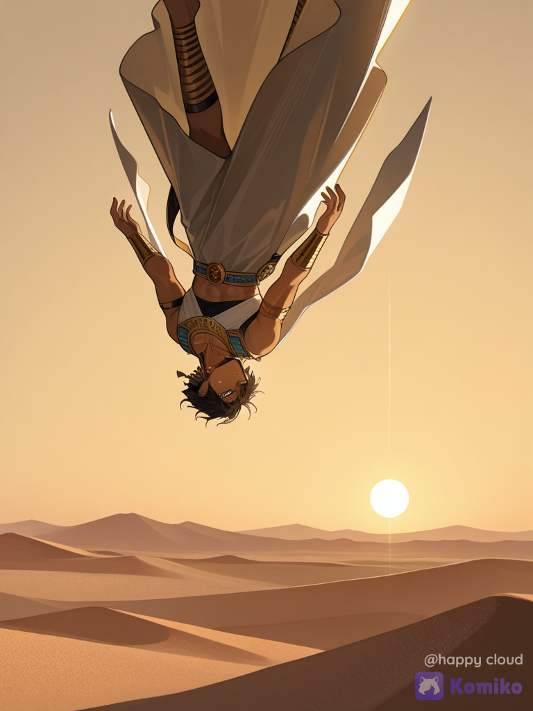 1boy, falling, chest harness, medium long shot Make it look like it's in Egypt and let the sun god shine it