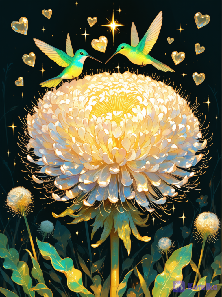 Pétalos de corazón, planta diente de león pétalos de corazón, flores con forma de pétalos de corazón, reflejos de oro, colibríes con colores de joyas egipcia[sweet-painting-style]