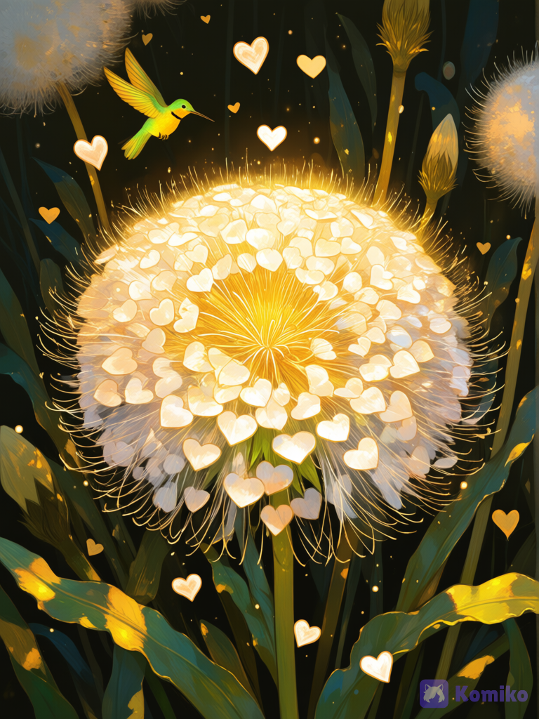 Pétalos de corazón, planta diente de león pétalos de corazón, flores con forma de pétalos de corazón, reflejos de oro, colibríes con colores de joyas egipcia, ilustración detallada[sweet-painting-style]